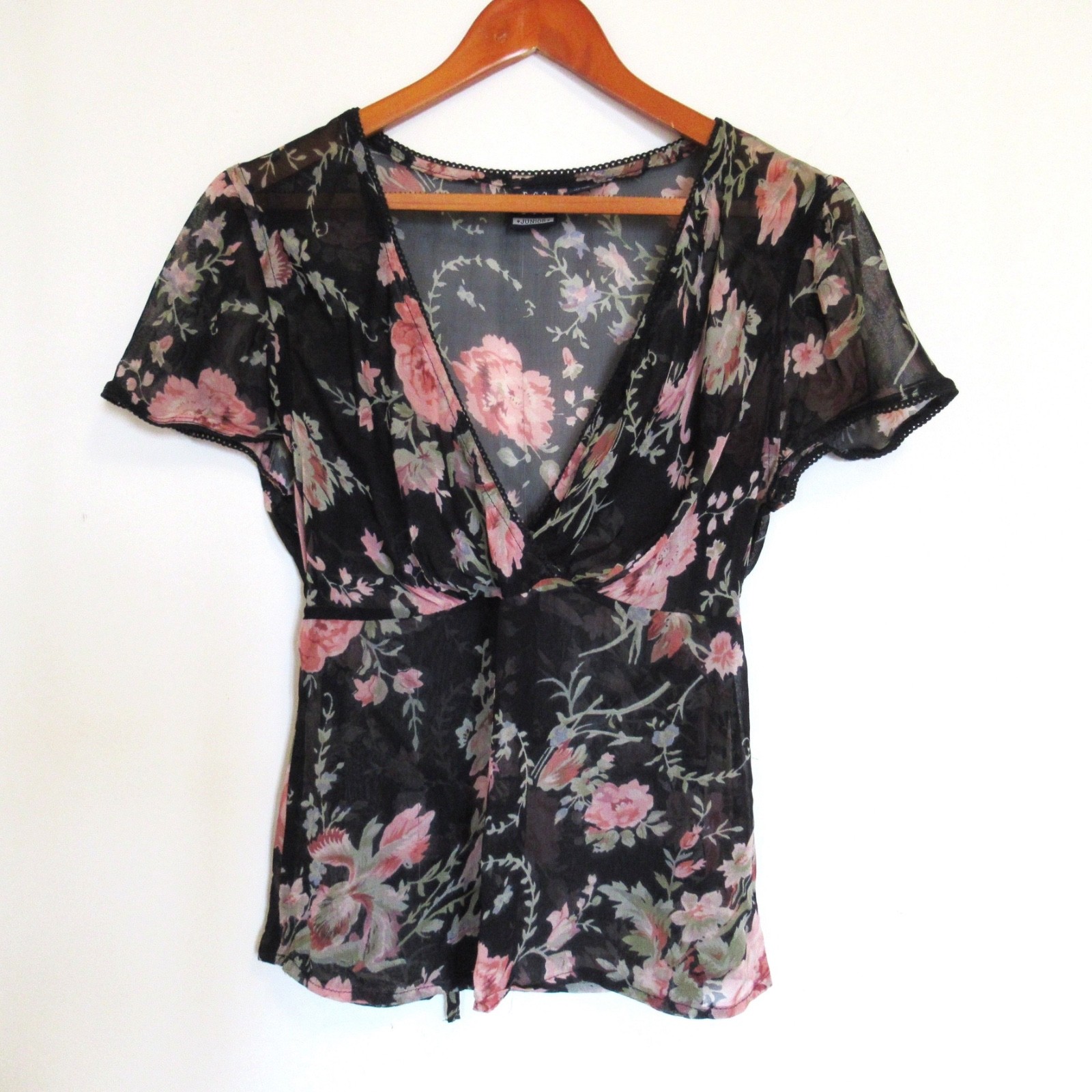 Vintage DCC Junior Top Medium Dark Floral Babydoll Y2K Sheer Fairy 90s Flowy