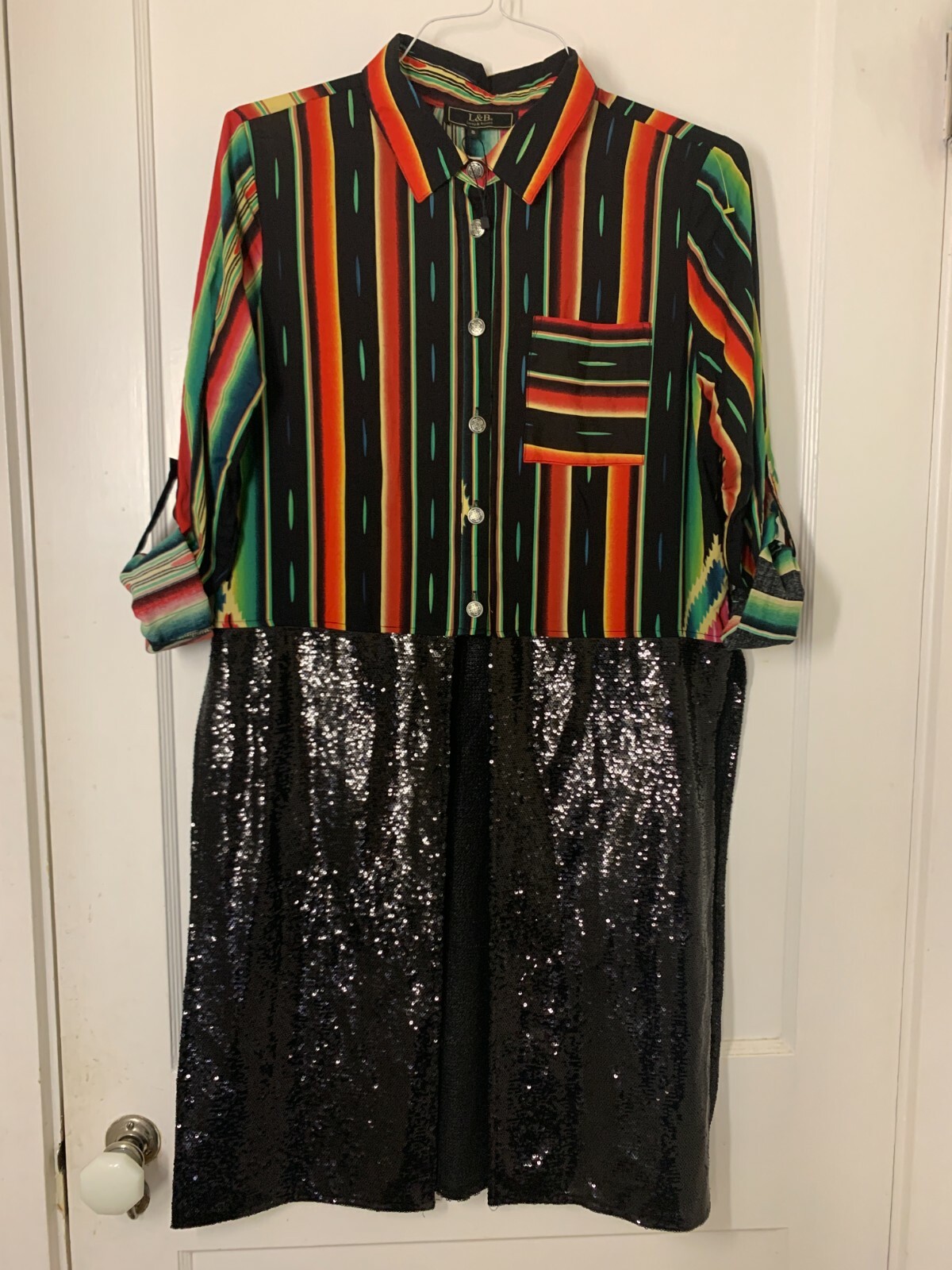  L&B Lucky and Blessed Black Serape Sequin Shirt Tunic Dress Duster- Small – NWT