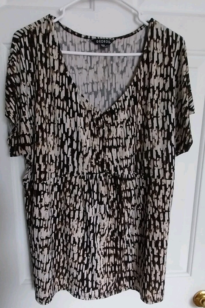 George: Womens Short Sleeve Brown Black White Blouse, 2XL, Nice, Free Ship!