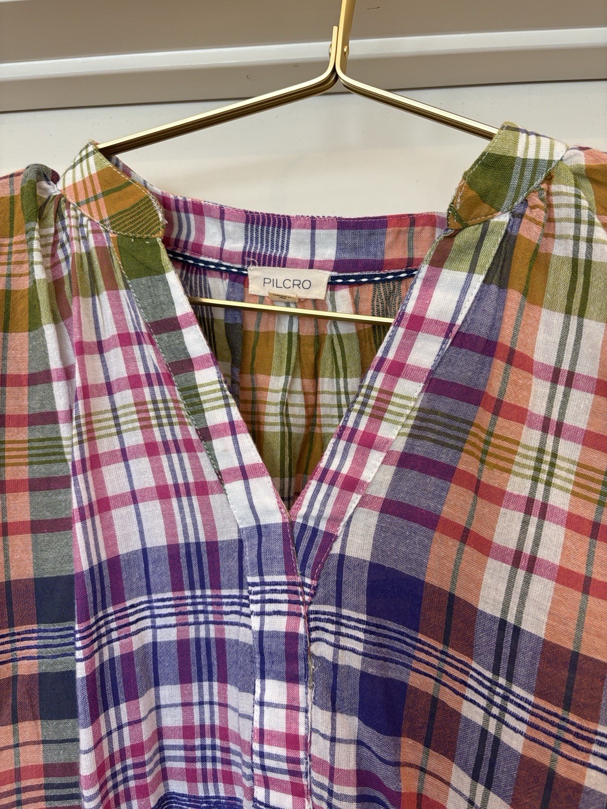 Pilcro Women’s Multicolor Plaid V-Neck Pullover Cap Sleeve Blouse Top
