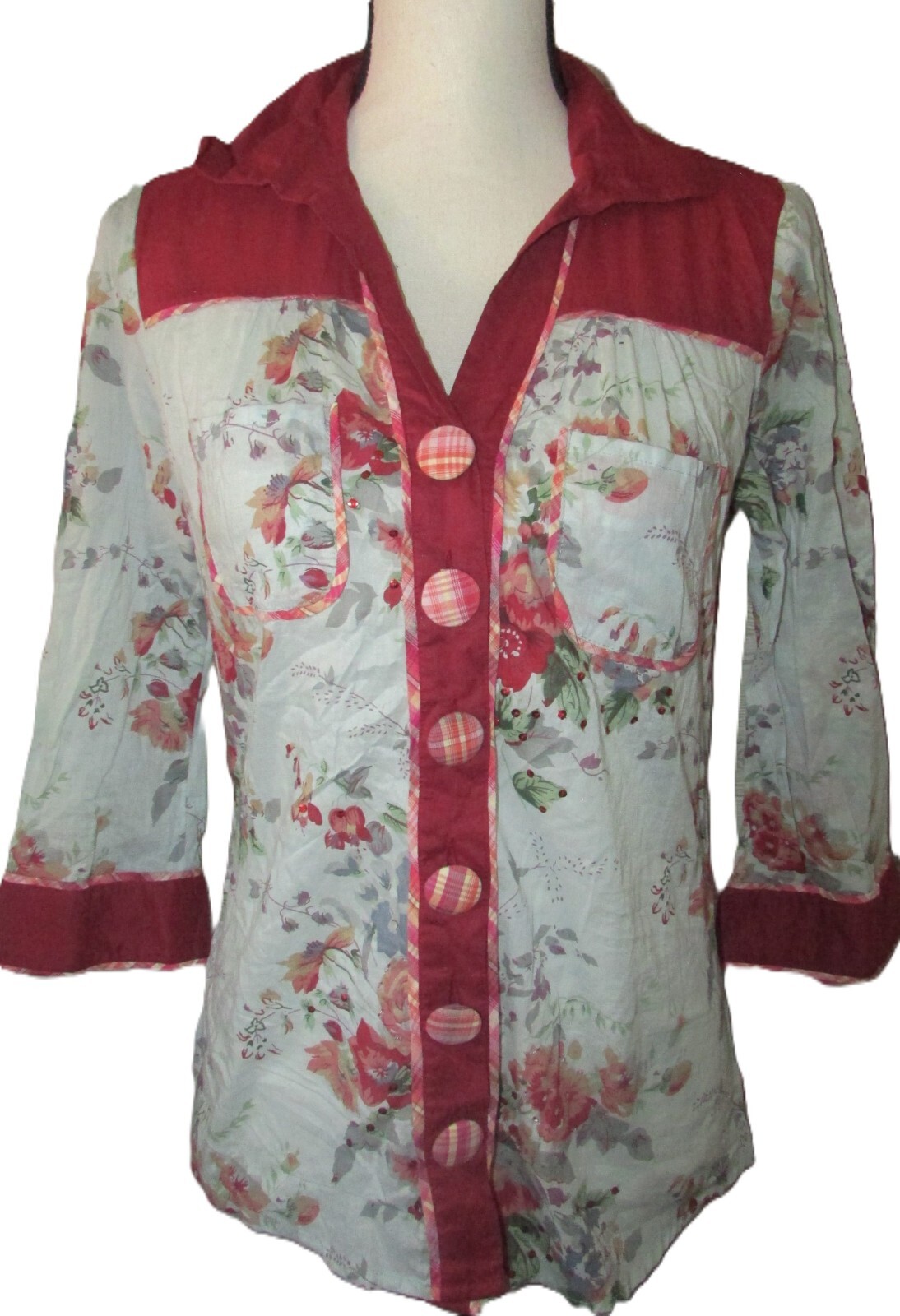 Floral Blouse M 3/4 sleeve Big plaid Buttons Pockets Mixed Media Boho Festival