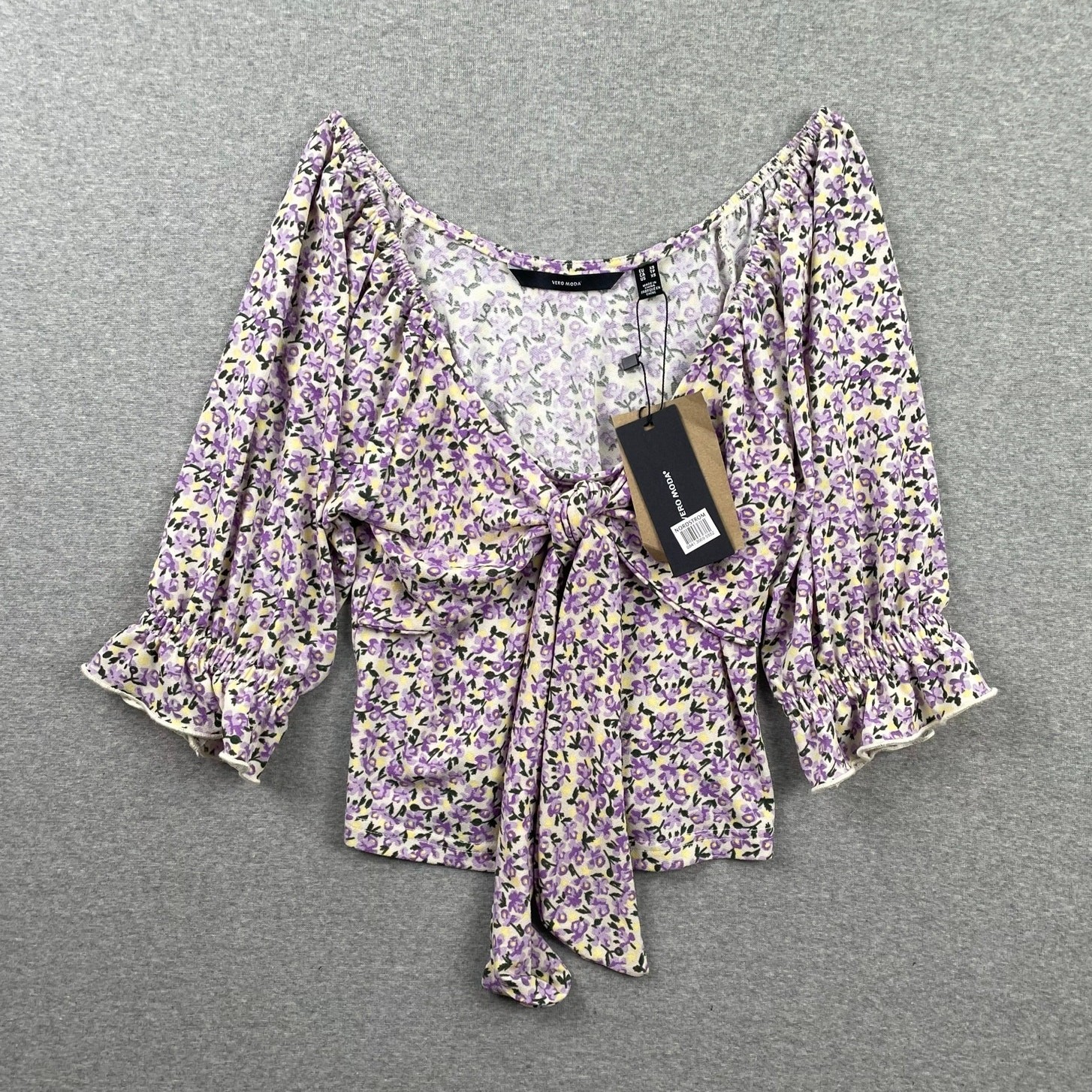 Vero Moda Top XS Purple Floral Tie Front Scoop Neck Boho Peasant Crop Preppy