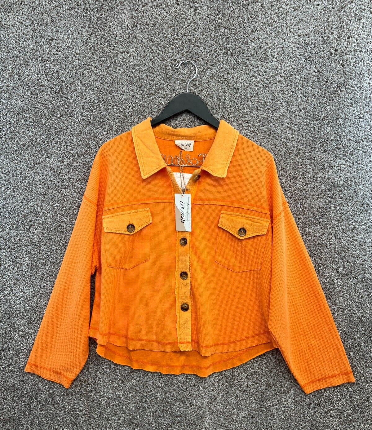 New In Orange Shacket Shirt Jacket Button Up Waffle Knit Raw Hem Women’s Size L