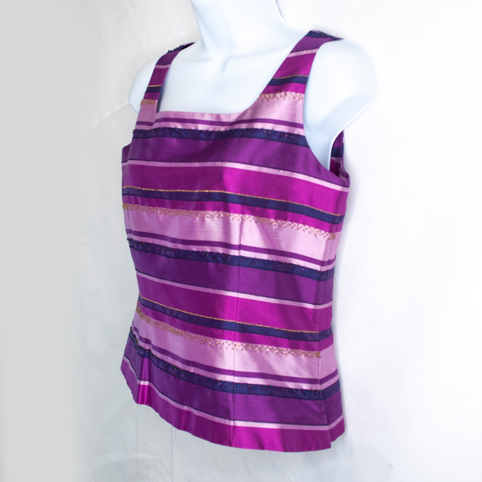 NEW Casual Corner Silk Beaded Tank Top Womens 2 Purple Satin Blouse Y2K AA11
