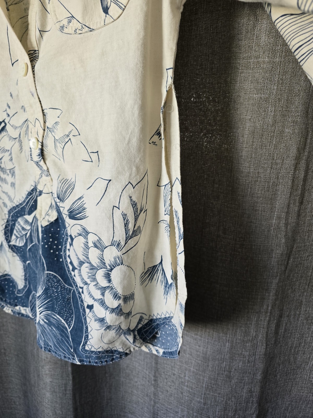 Vtg Jones New York Asian Inspired Linen Tunic Half Button Down Size 8 Cream Blue