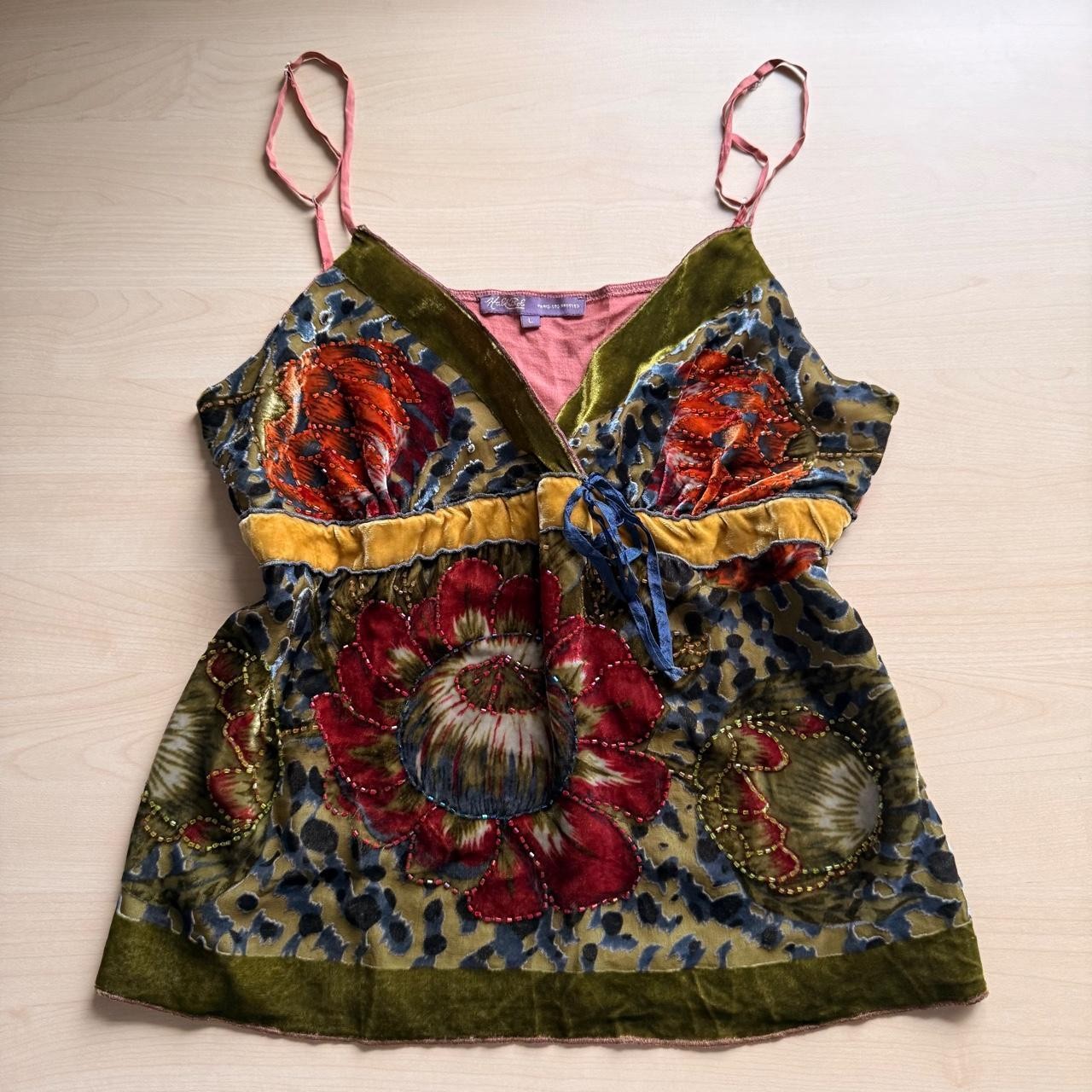 Y2K Hale Bob green, blue, yellow, and red floral beaded cami top
