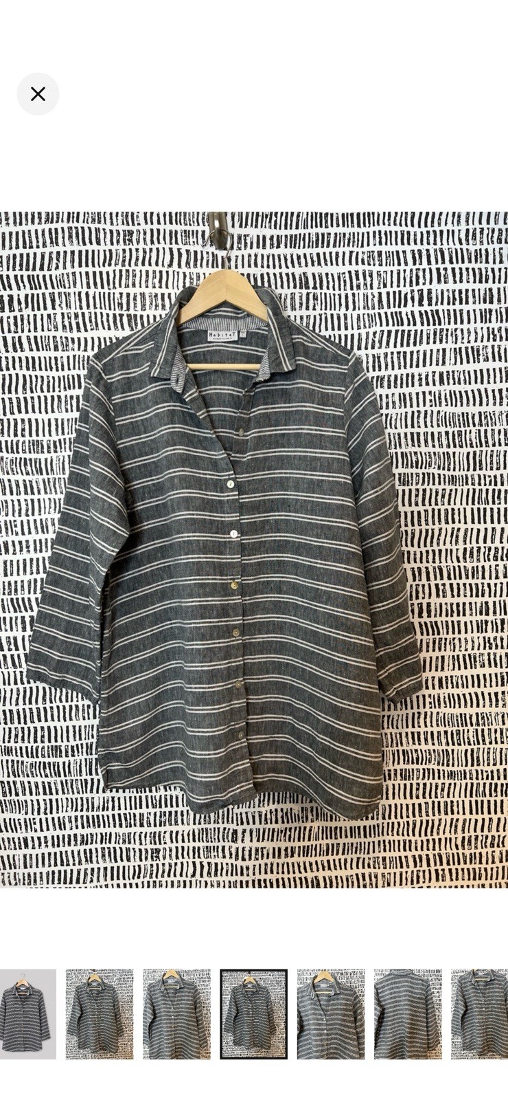 Habitat Gray White Striped Button-Up Collared 3/4 Sleeve Cotton Woven Top L