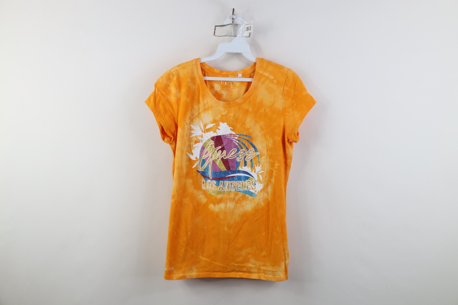 Vintage Y2K Guess Womens Size Large Spell Out Metallic Sunset Acid Wash T-Shirt