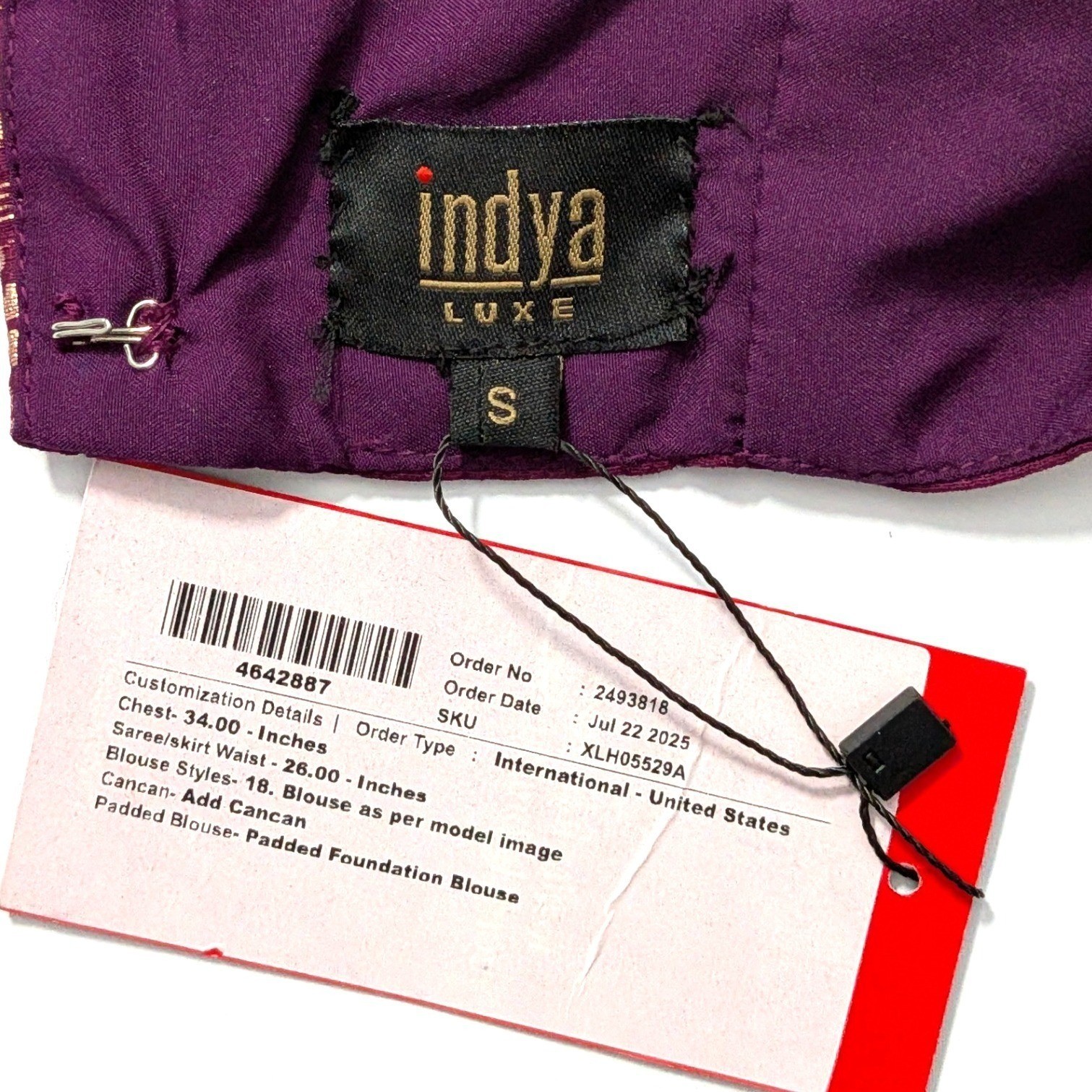 Indya Luxe Purple Plum with Gold Embroidery Sari Saree Blouse Crop Top Sz S NWT
