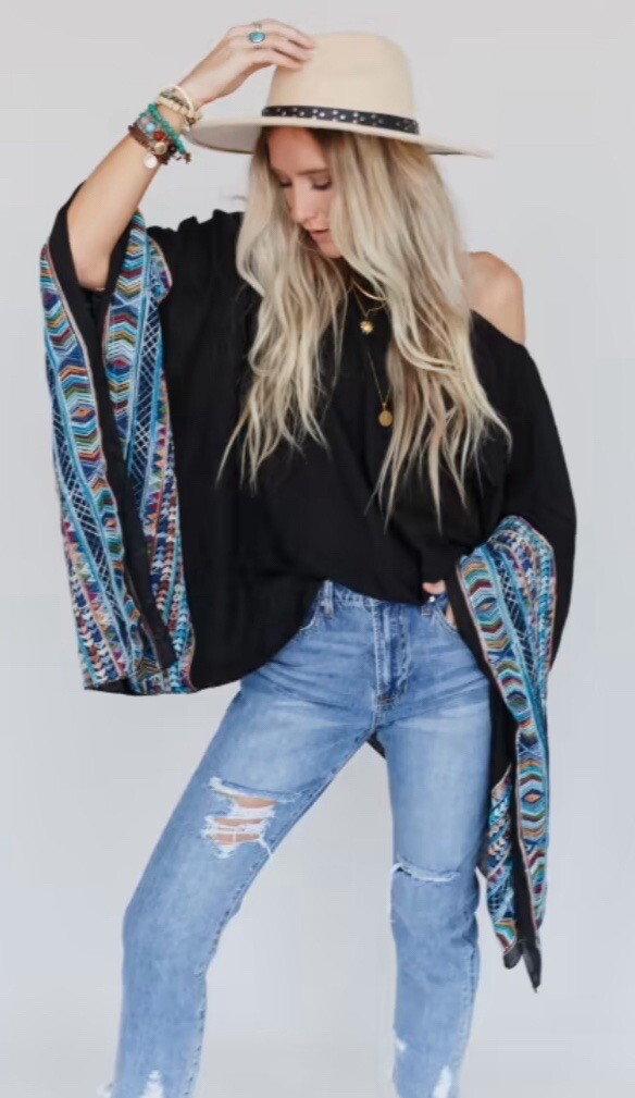 Black Kimono Top One Size Multicolored Embroidered Sleeves Boho Bohemian Summer