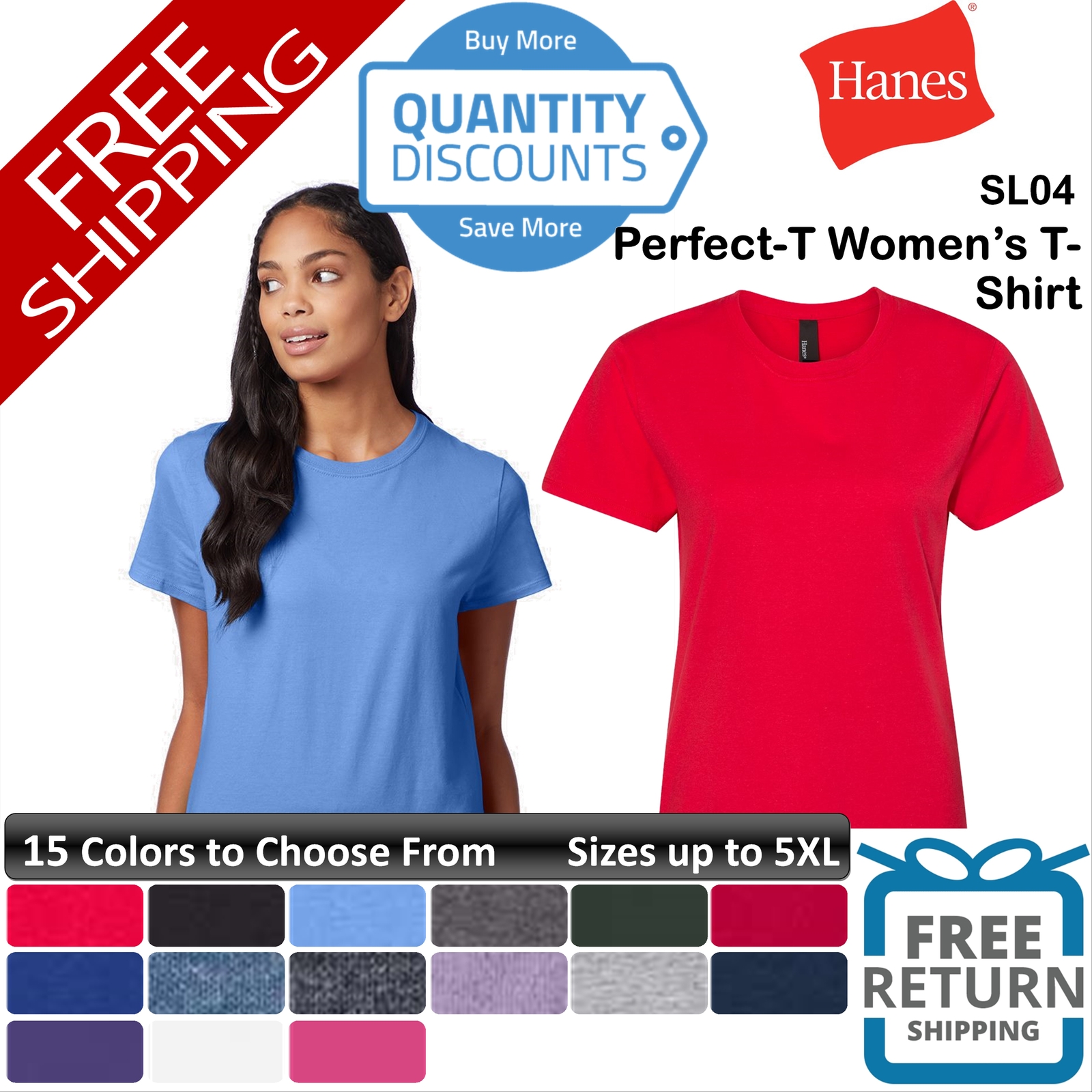 🔥 Hanes Women Perfect-t Ring-spun Cotton & Blends T-shirt Up To 5XL Sl04