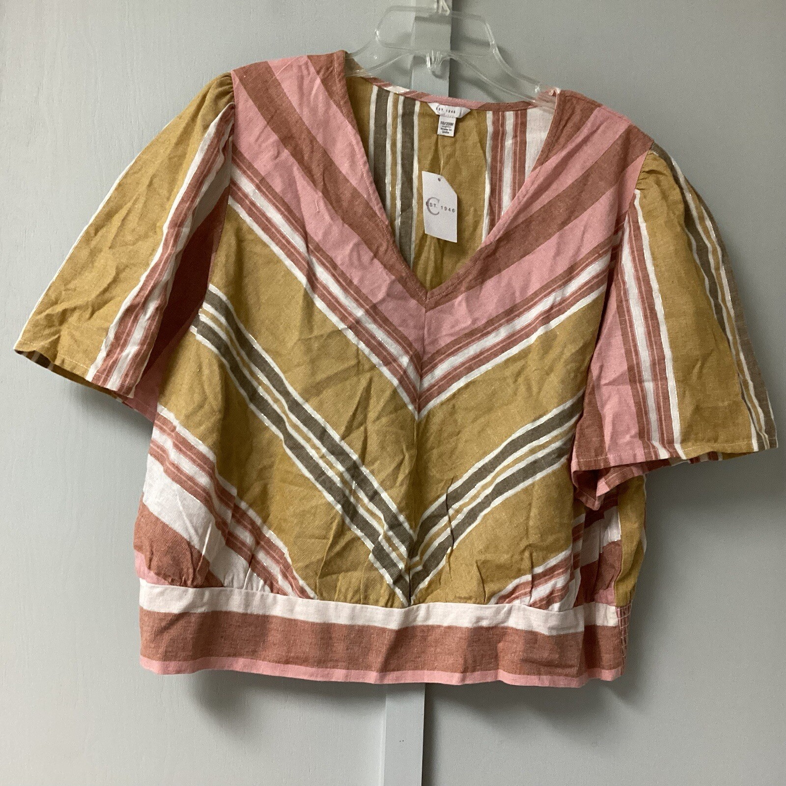 Dressbarn Womens Short Sleeve Top Size 18/20 Striped Metallic V Neckline New