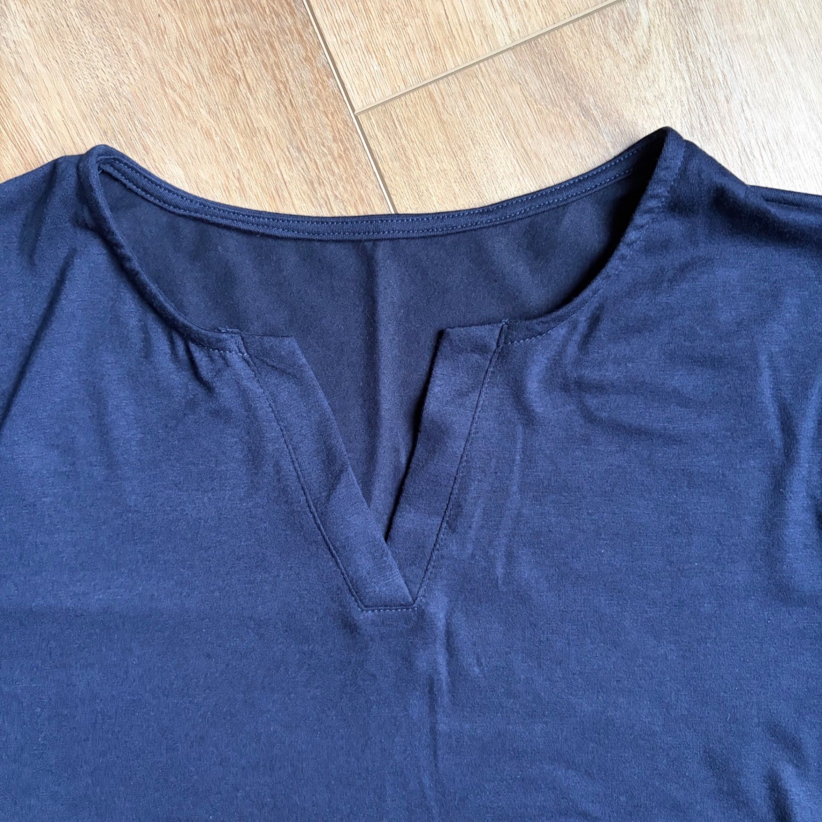 LOMON Size L Navy Blue Notch V-Neck Short Sleeve Tee T-Shirt Top