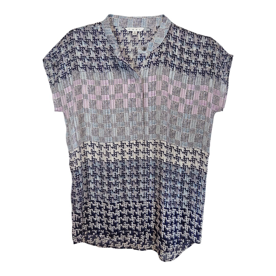 Cabi Manderin Colar Blue & Purple Short Sleeve Crinkle Blouse Size M