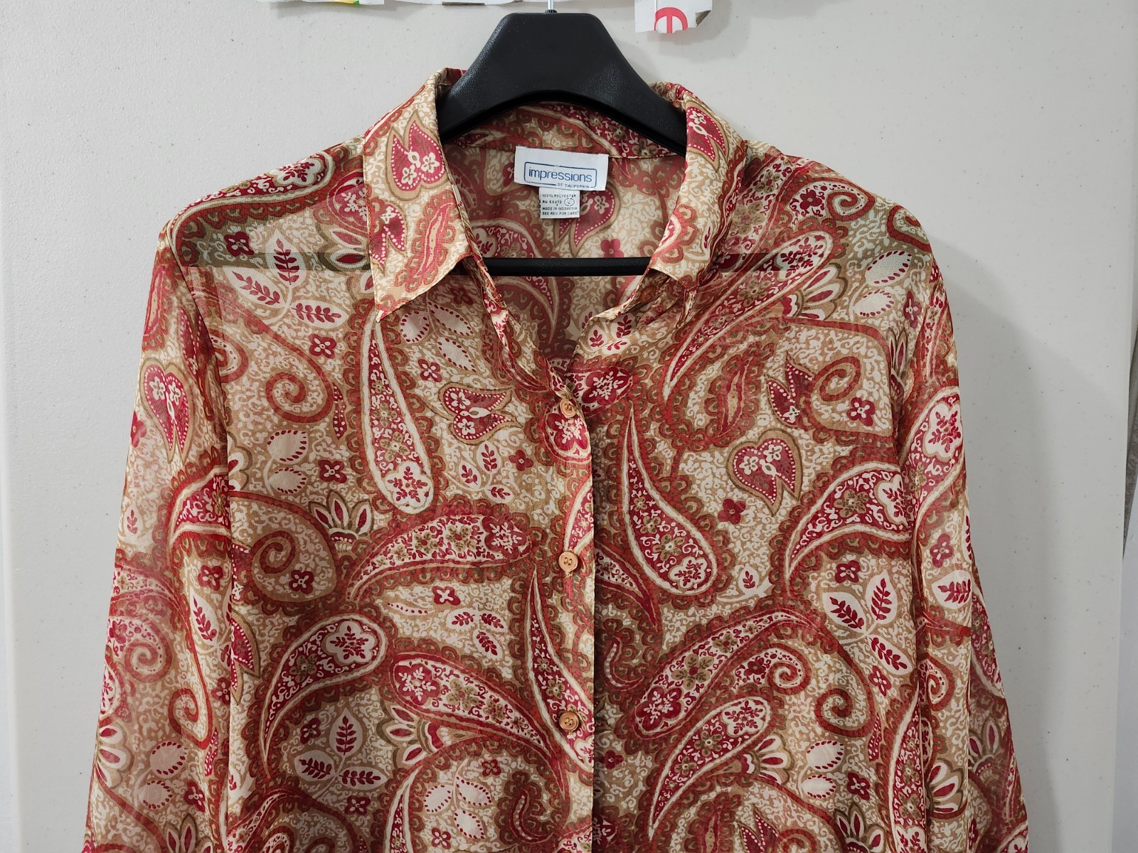 Impressions Of California Top Womens L Blouse Button Up Paisley AOP VTG 80s 90s