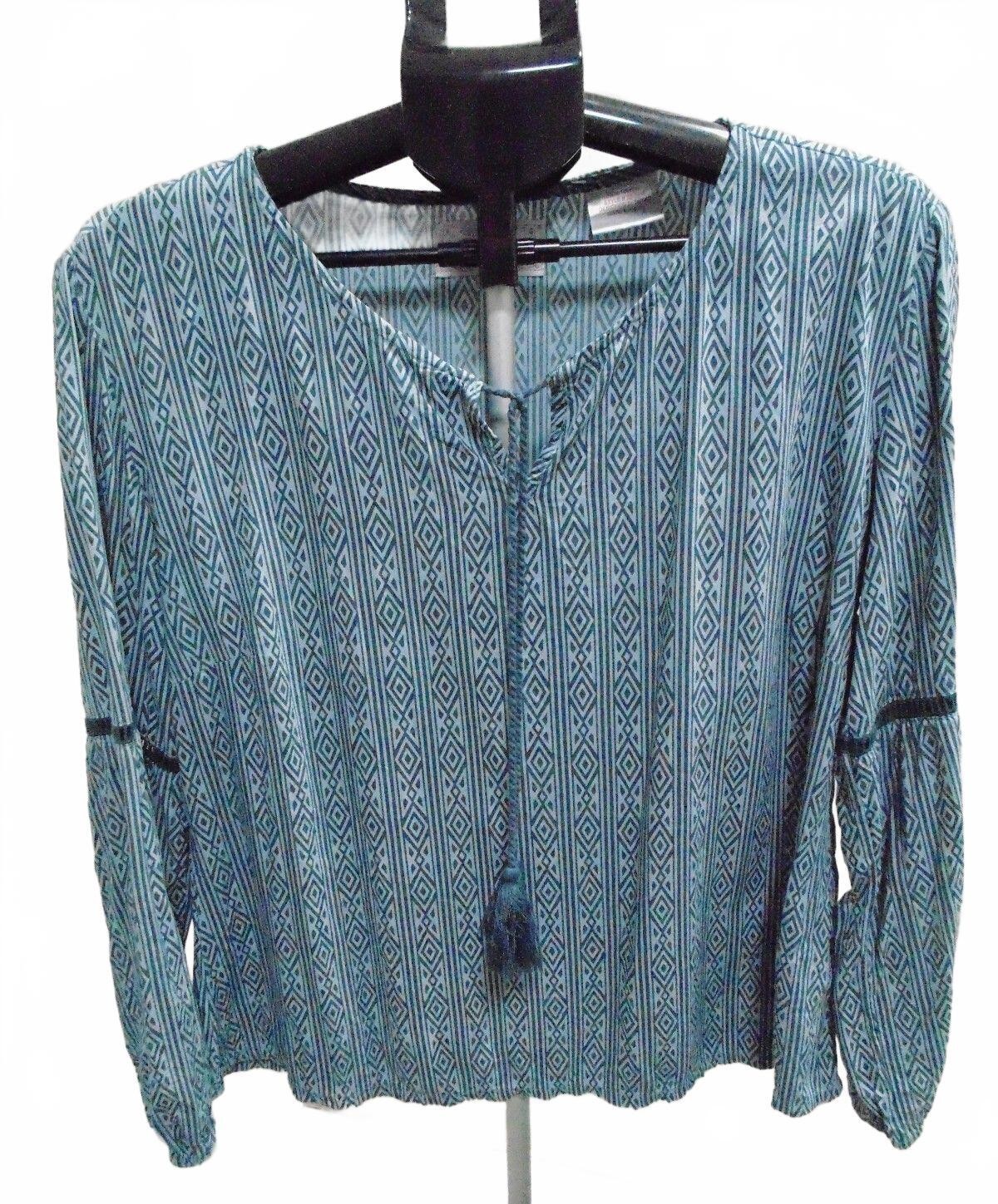Panhandle Slim Blue Southwestern Pattern Boho Peasant Blouse size L Tassel