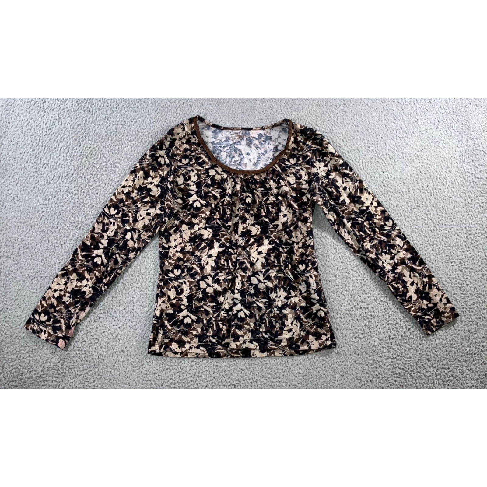 Floral Cottagecore Top Small Brown Scoop Neck Cotton Earthy Neutral Classic L/S