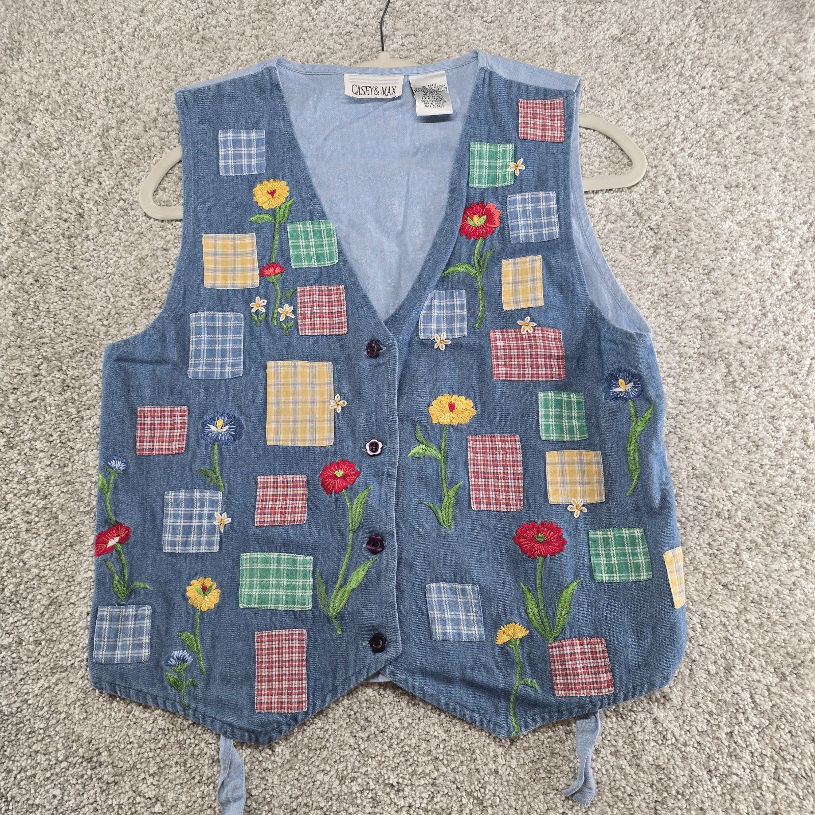 Vtg Quilted Denim Blue Floral Granny Core Patchwork Vest Sz L 90s Embroidered 💐