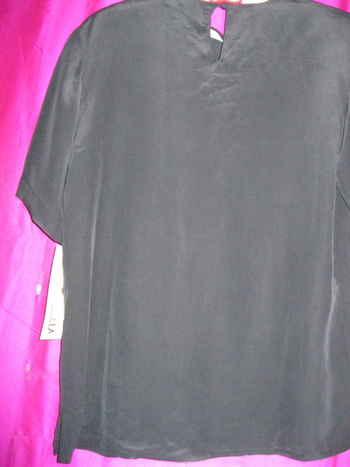 S/S BLACK SILK BLOUSE, SZ. S., NEW WITH TAGS, ALEXANDRIA LABEL, ROUND NECK