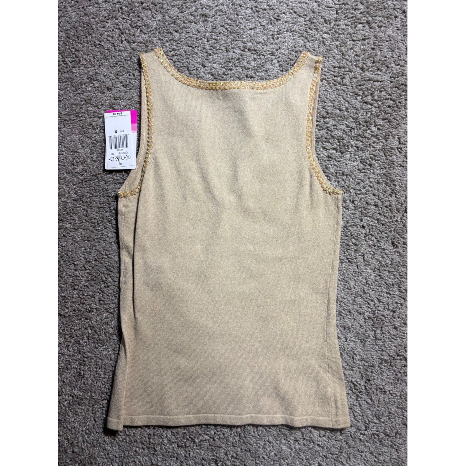 XOXO Womens Tan Beige Sequin Embellished Split Neck Knit Tank Top Size M NWT Y2K