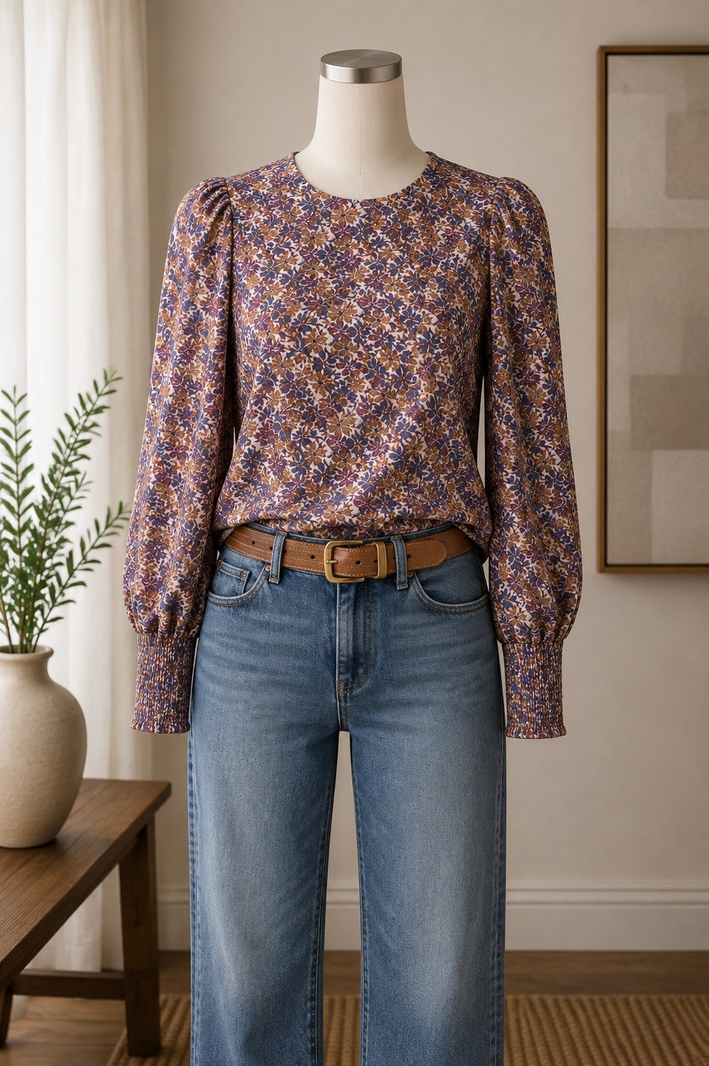 Nation Los Angeles Floral Pima Cotton Long Sleeve Ruched Shoulder Top XS
