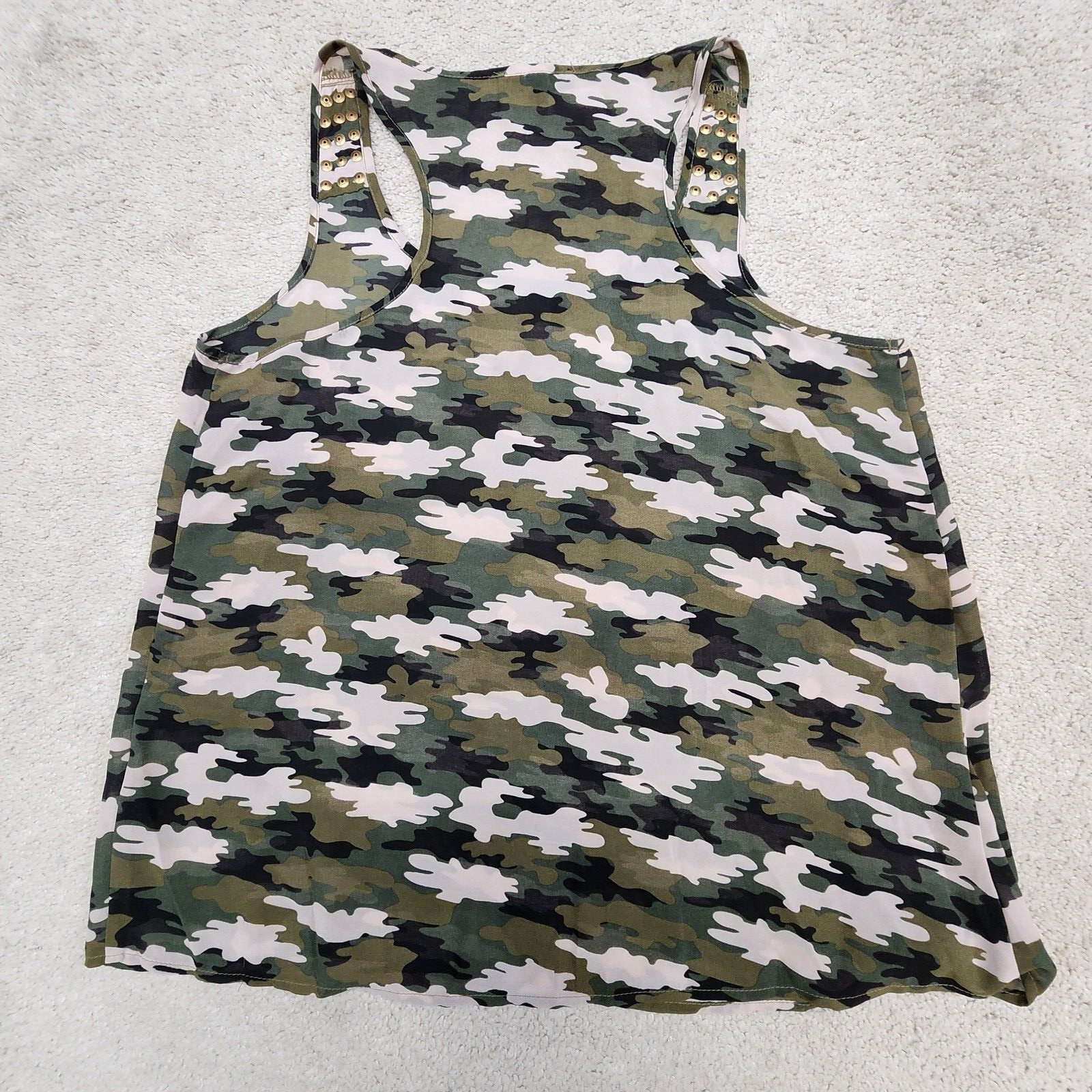 sleeveless top army Green sheer-back Olive Green Large Studded Camouflage