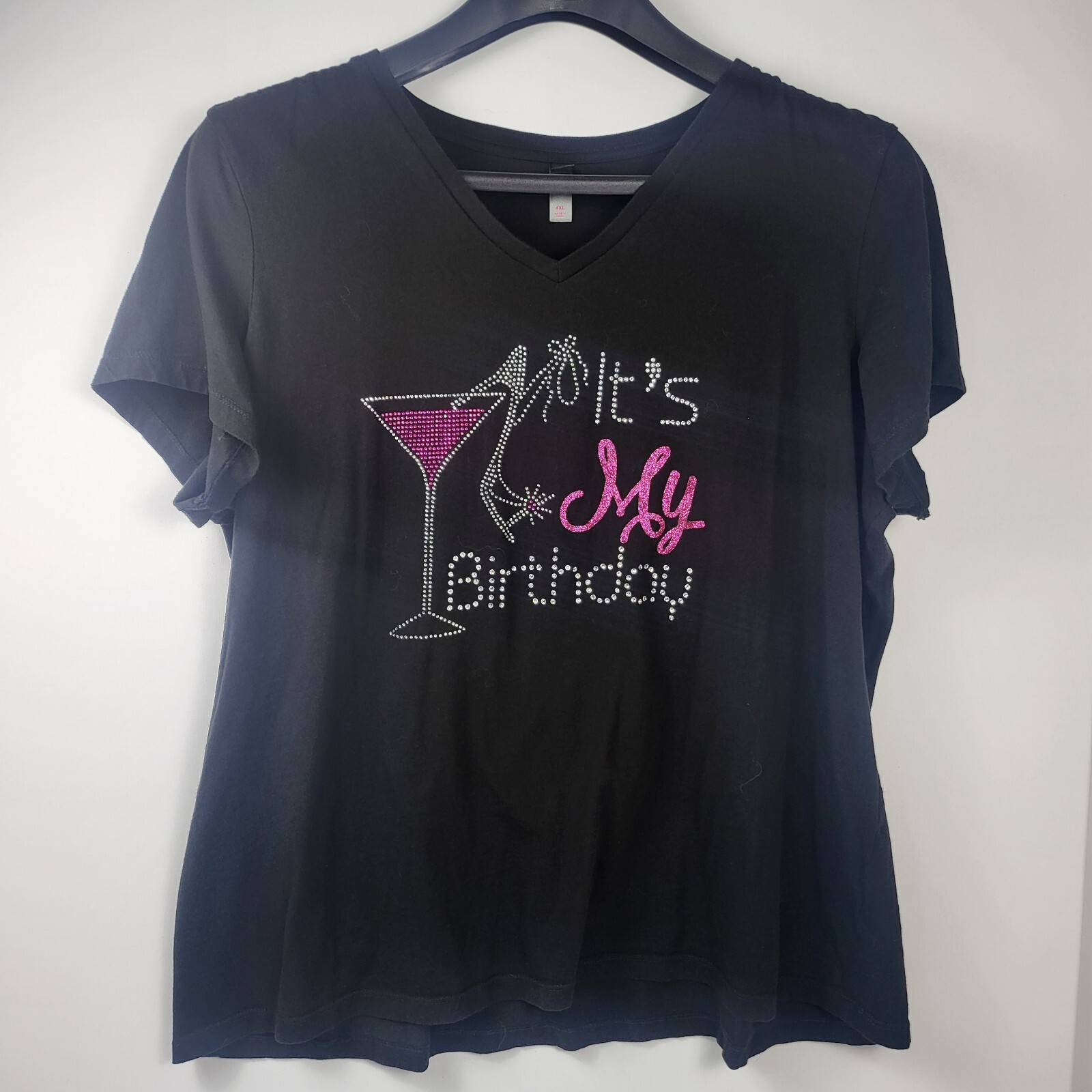 It’s My Birthday Rhinestone Mega Blong Black Shirt Women’s Size 4XL Cocktails