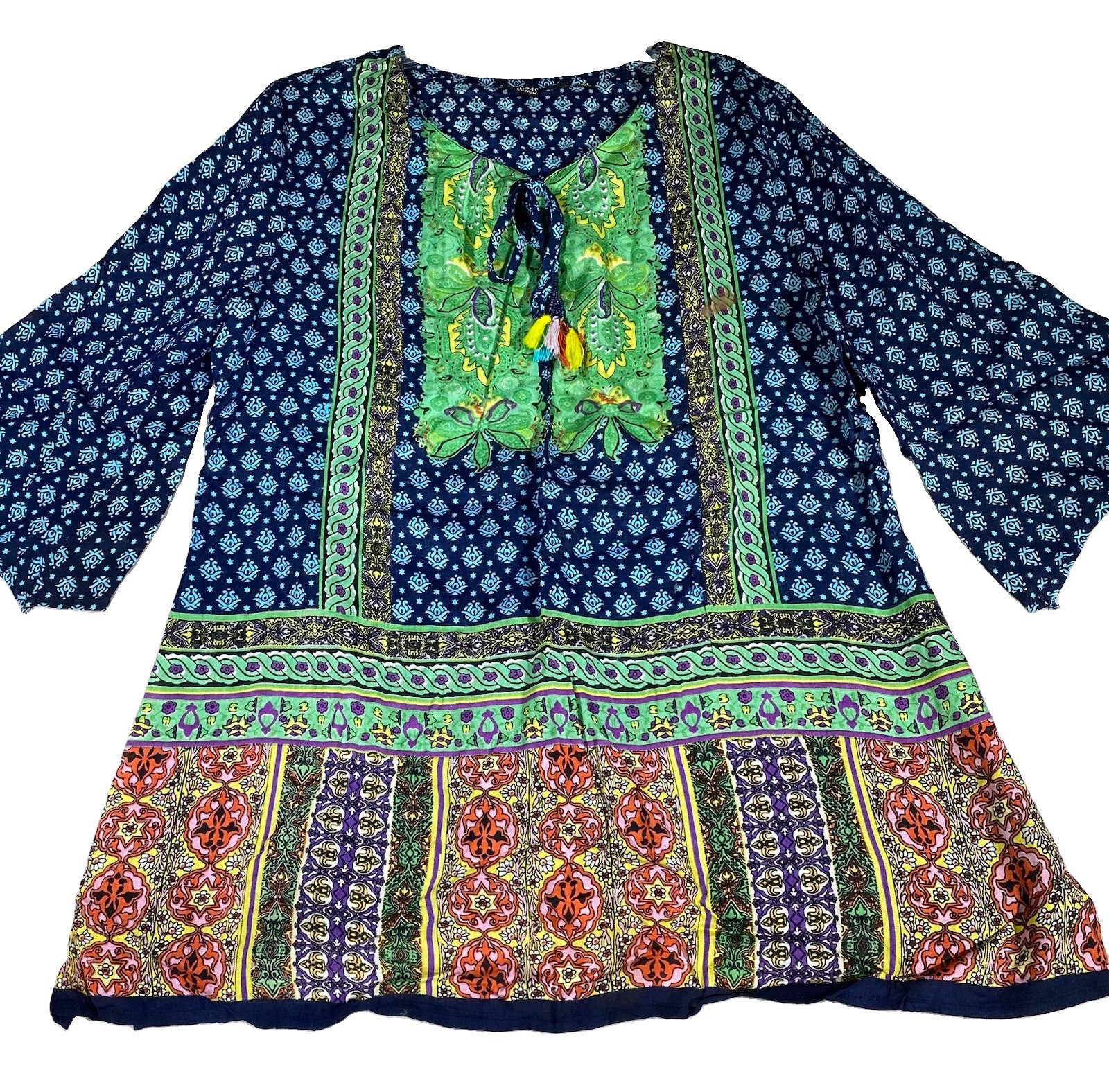 Ananda Collection Boho Tunic Top Women’s 2XL Tassels Colorful Hippie 3/4 Sleeve