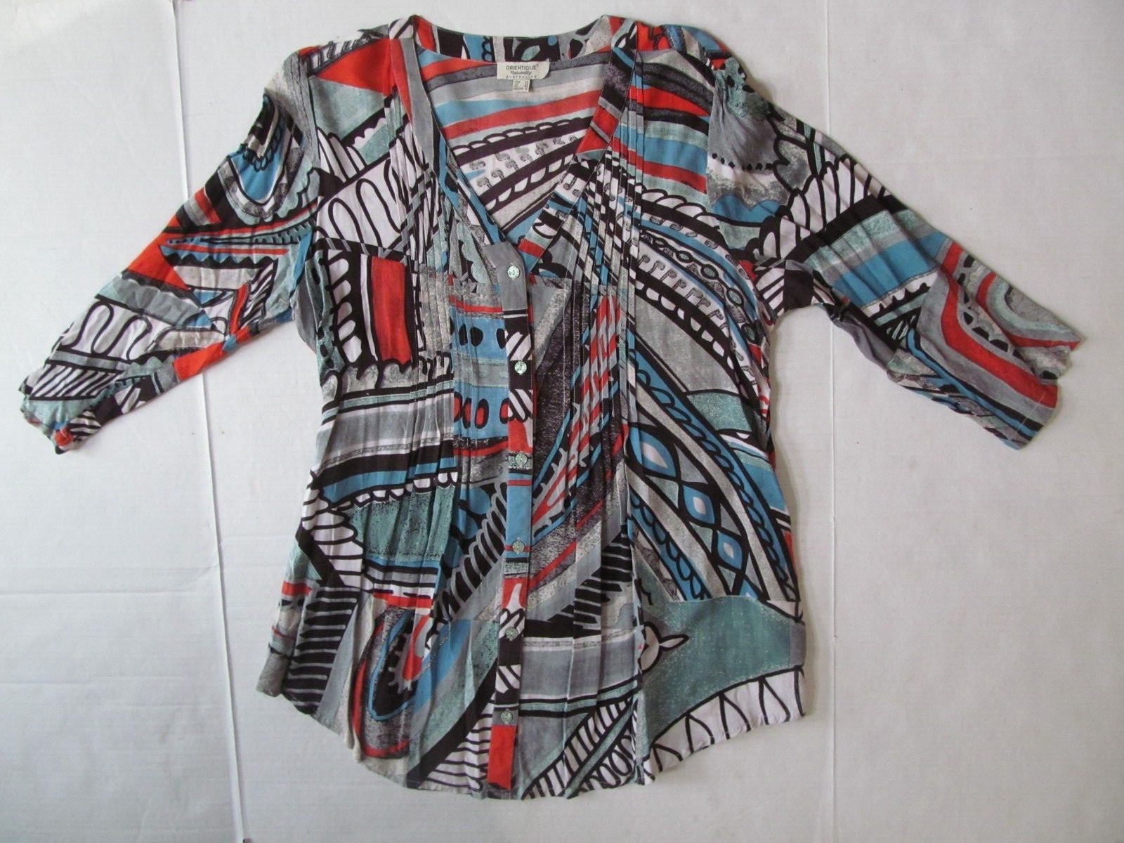 Orientique Australia geometric tunic top Front pleats Pockets sz med