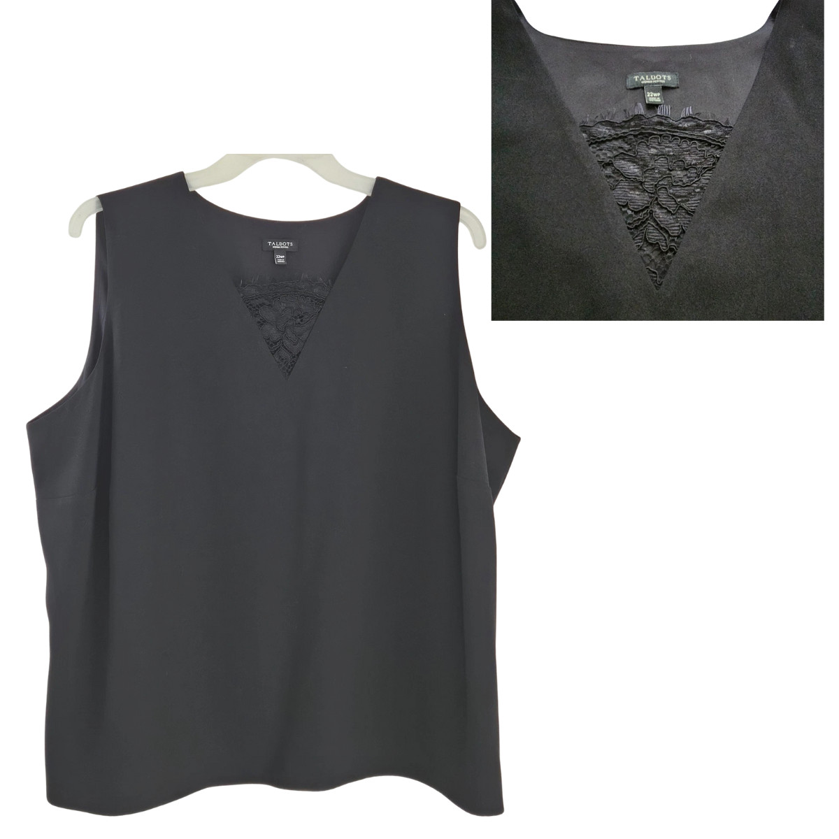 Talbots Woman Petites Top 22WP Black Sleeveless Lace Inset Lined Side Zip
