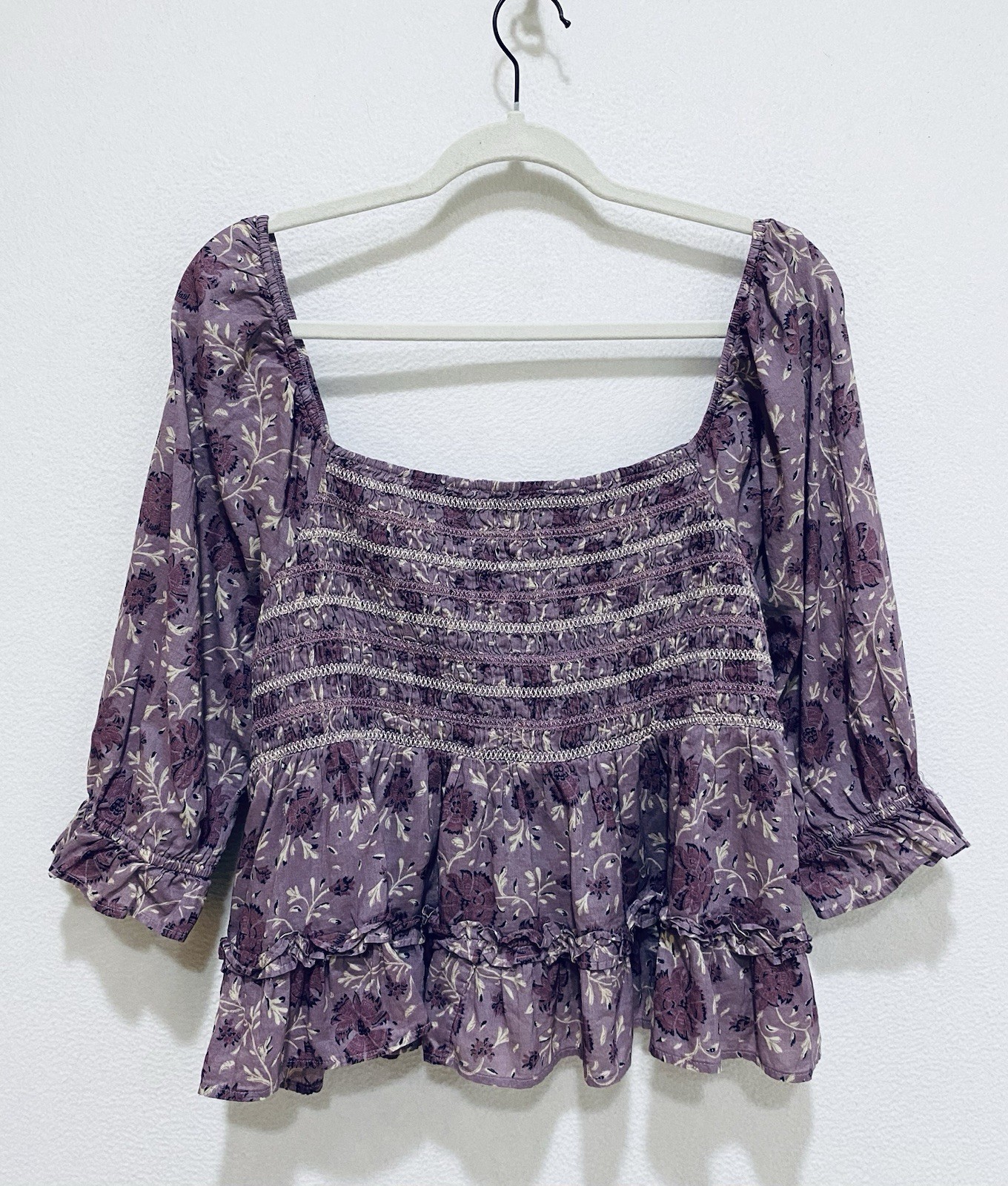 American Eagle Top Womens XL Purple Floral Smocked Embroidered Cropped Coquette