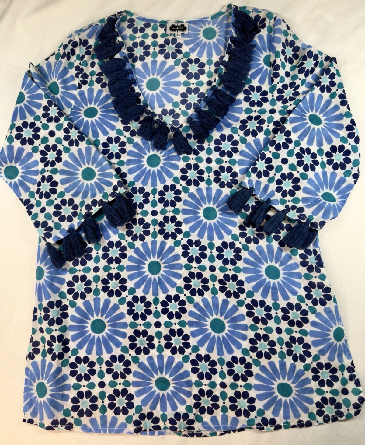 Mud Pie Woman’s 12-14 Blue Floral Tassel Tunic Top Boho Cotton Beach Cover Up