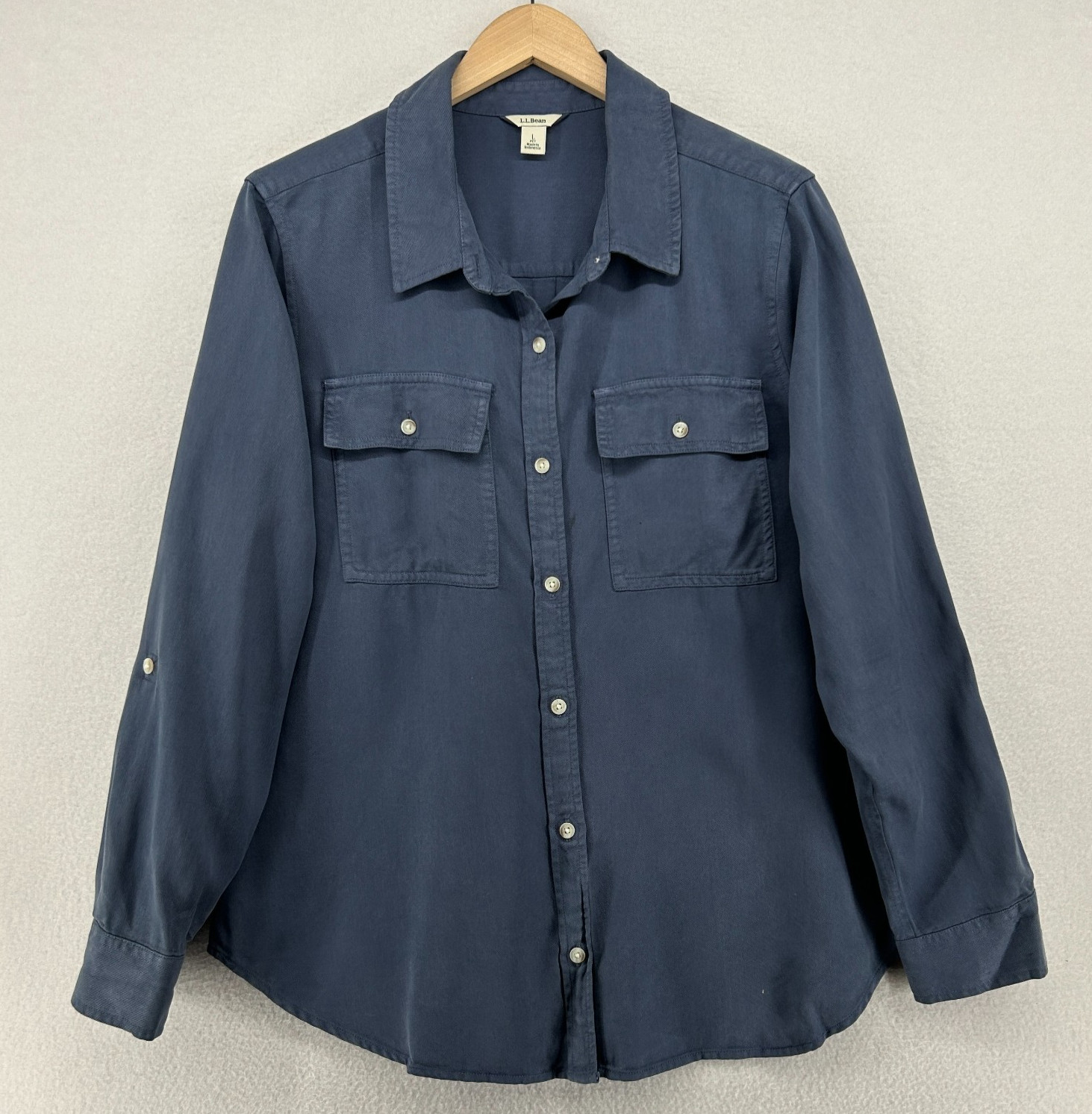 LL BEAN Top Womens LP Petite Soft Washed Utility Twill Button Up Roll Tab Blue