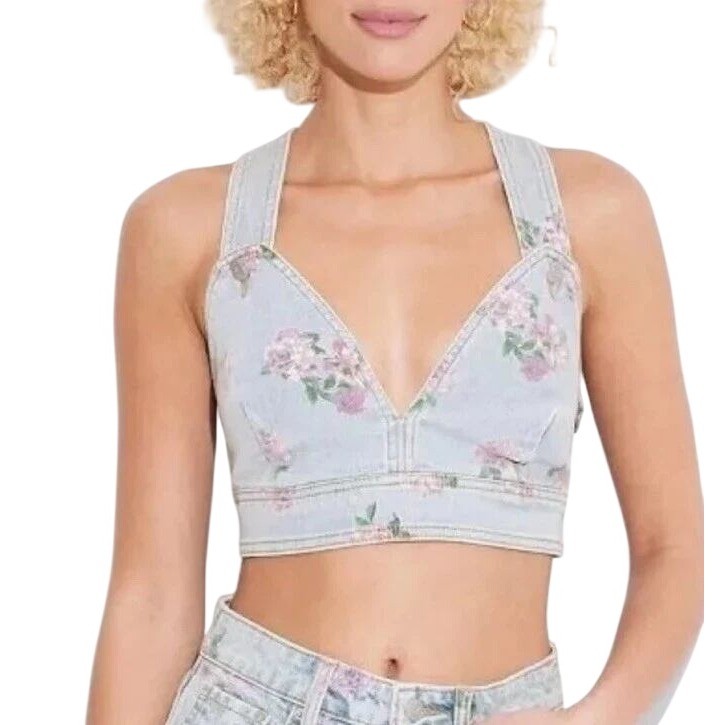 Wild Fable Women’s Floral Light Wash Blue Pink Rose V Neck Denim Crop Top Size M