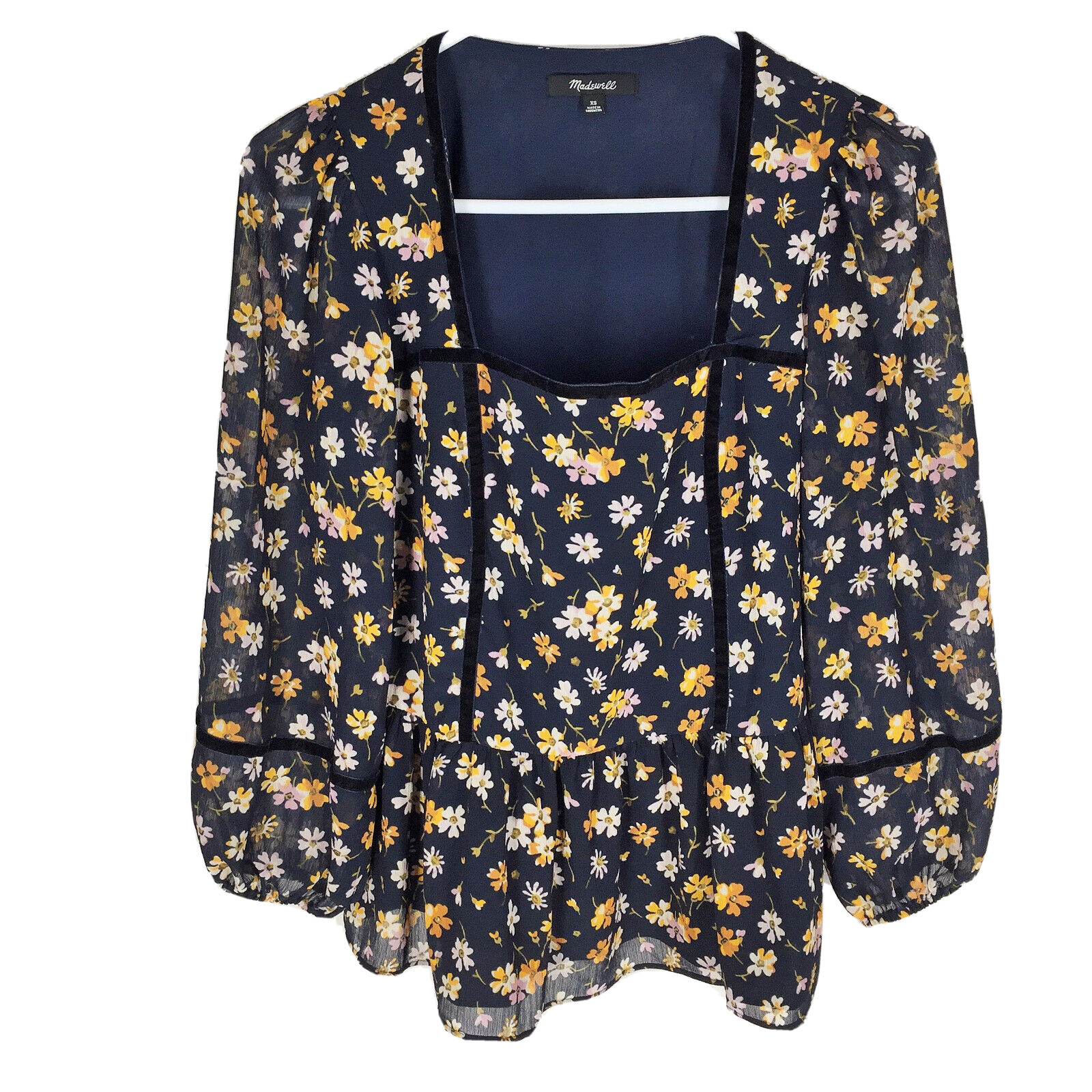 Madewell Velvet-Trimmed Square-Neck Top in Petal Party Size XS Navy Blue