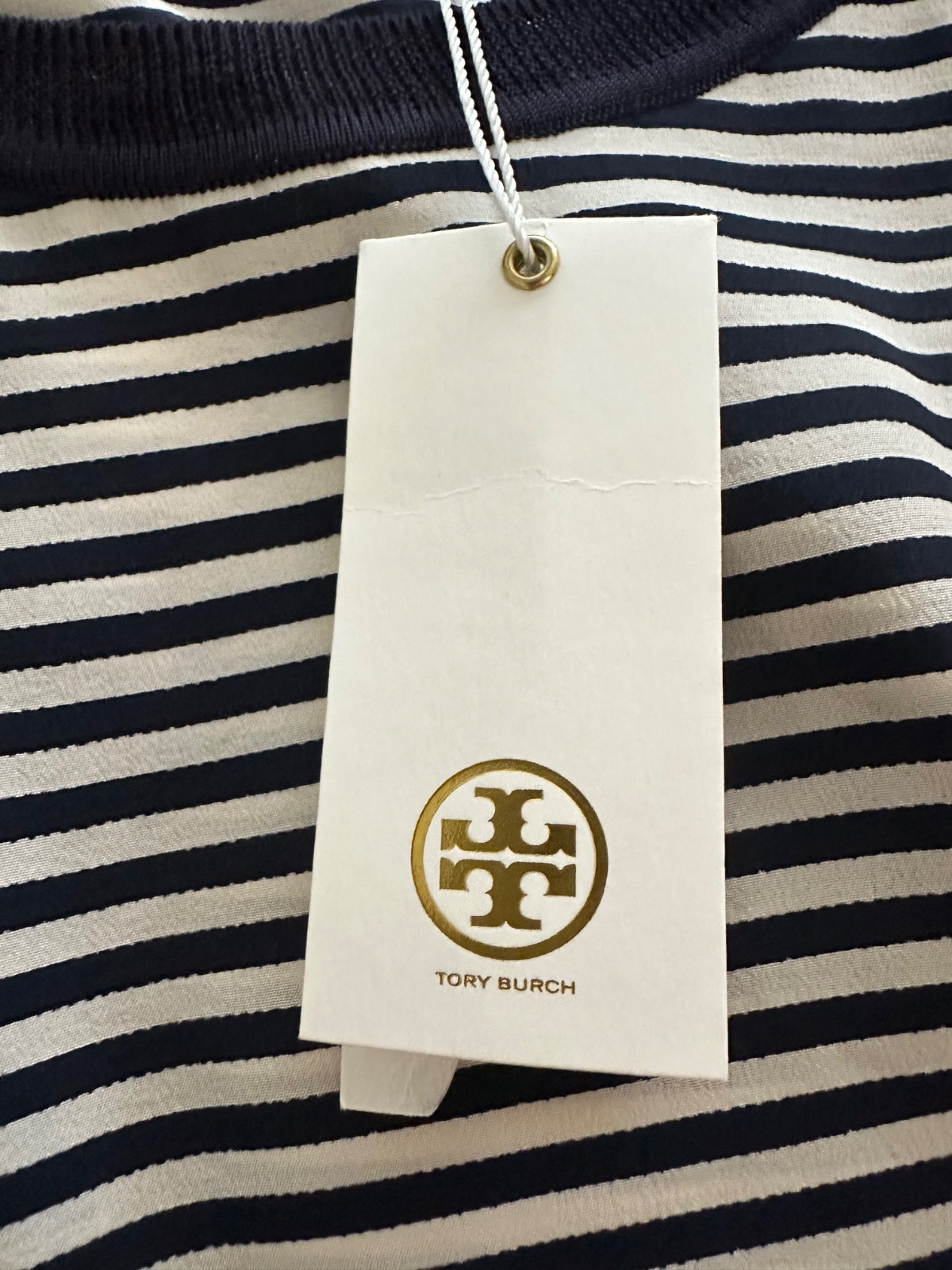 Tory Burch Women’s Silk Reese shell striped and flora Blouse,navy chiffon trim,