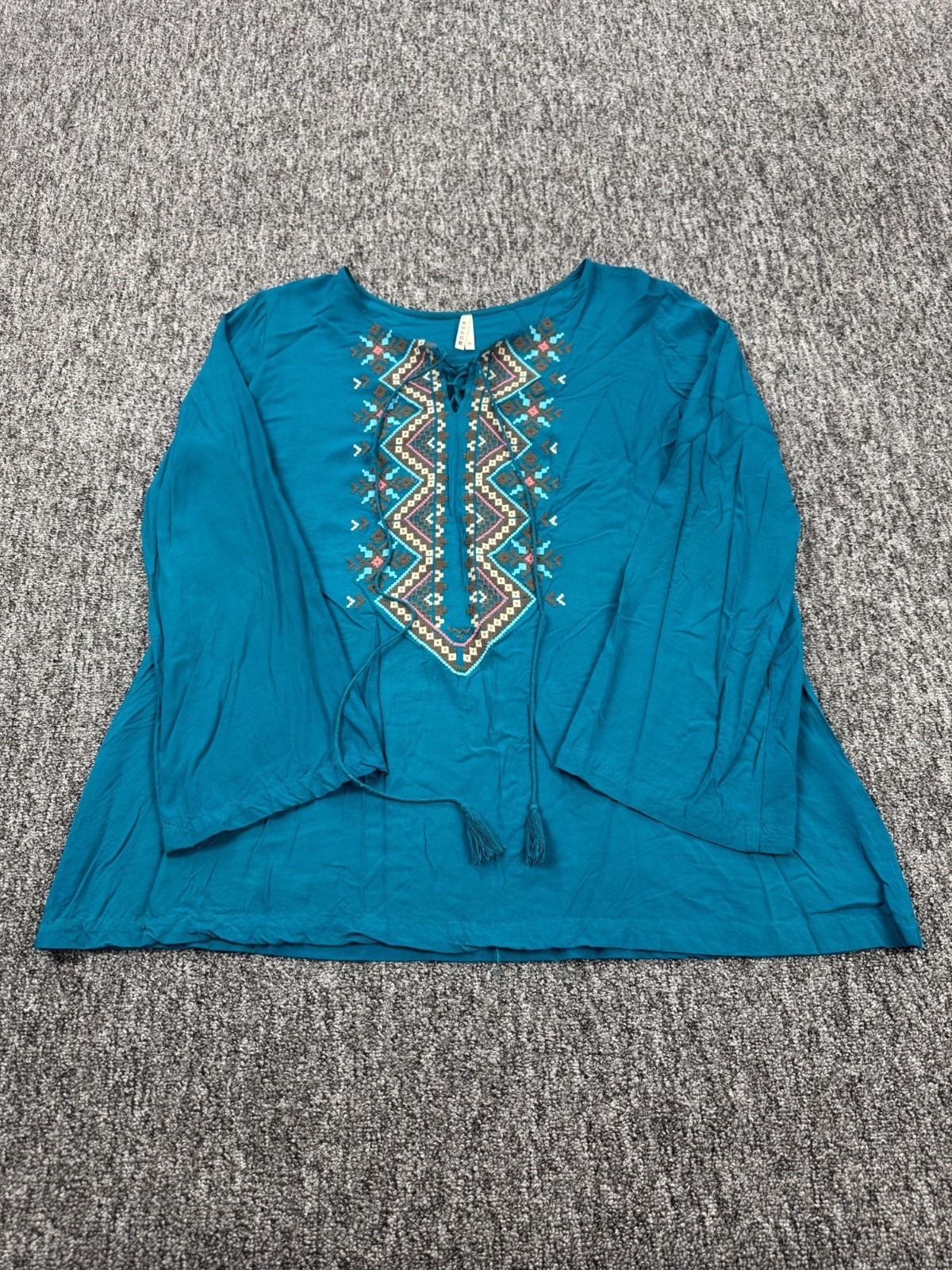 Roper Top Women XL Teal Aztec Southwest Tassel Bell Sleeve Rodeo Tunic Blouse