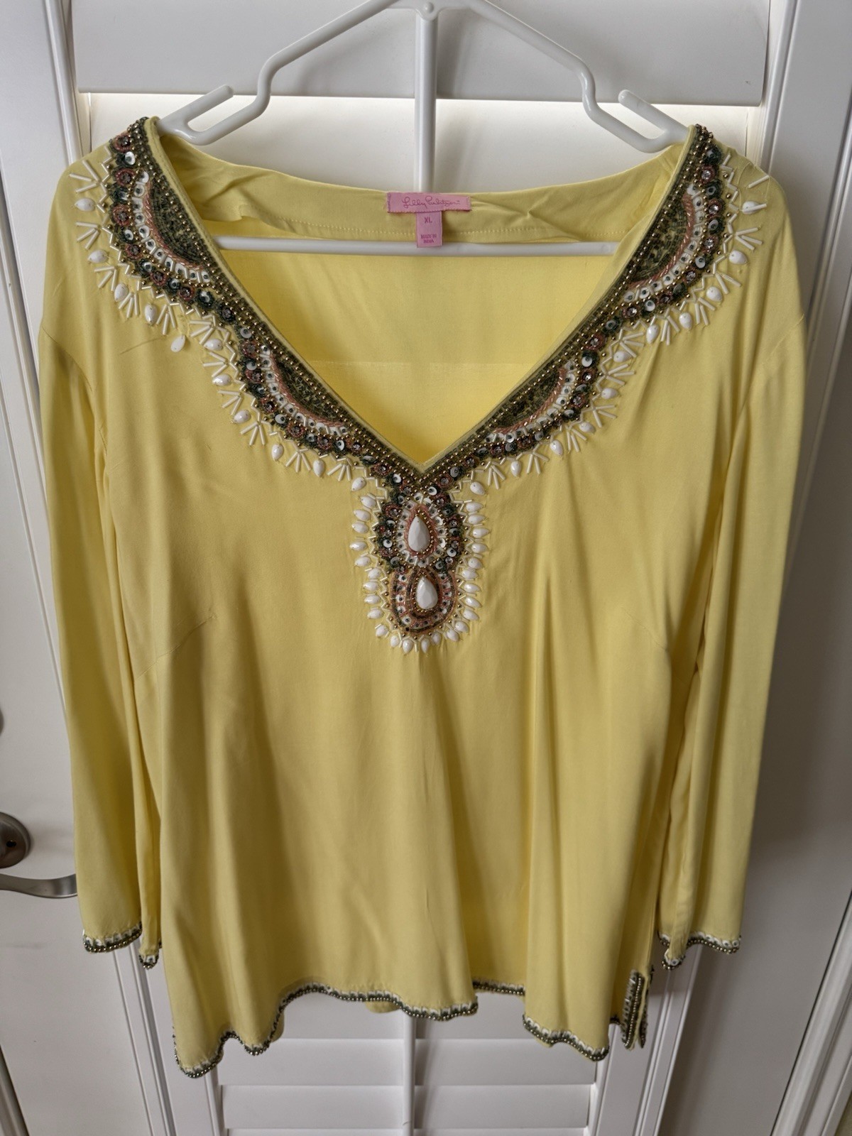 Lilly Pulitzer Women Tunic Top NWOT Beautiful Bead Design Light Gold XL Long SLV