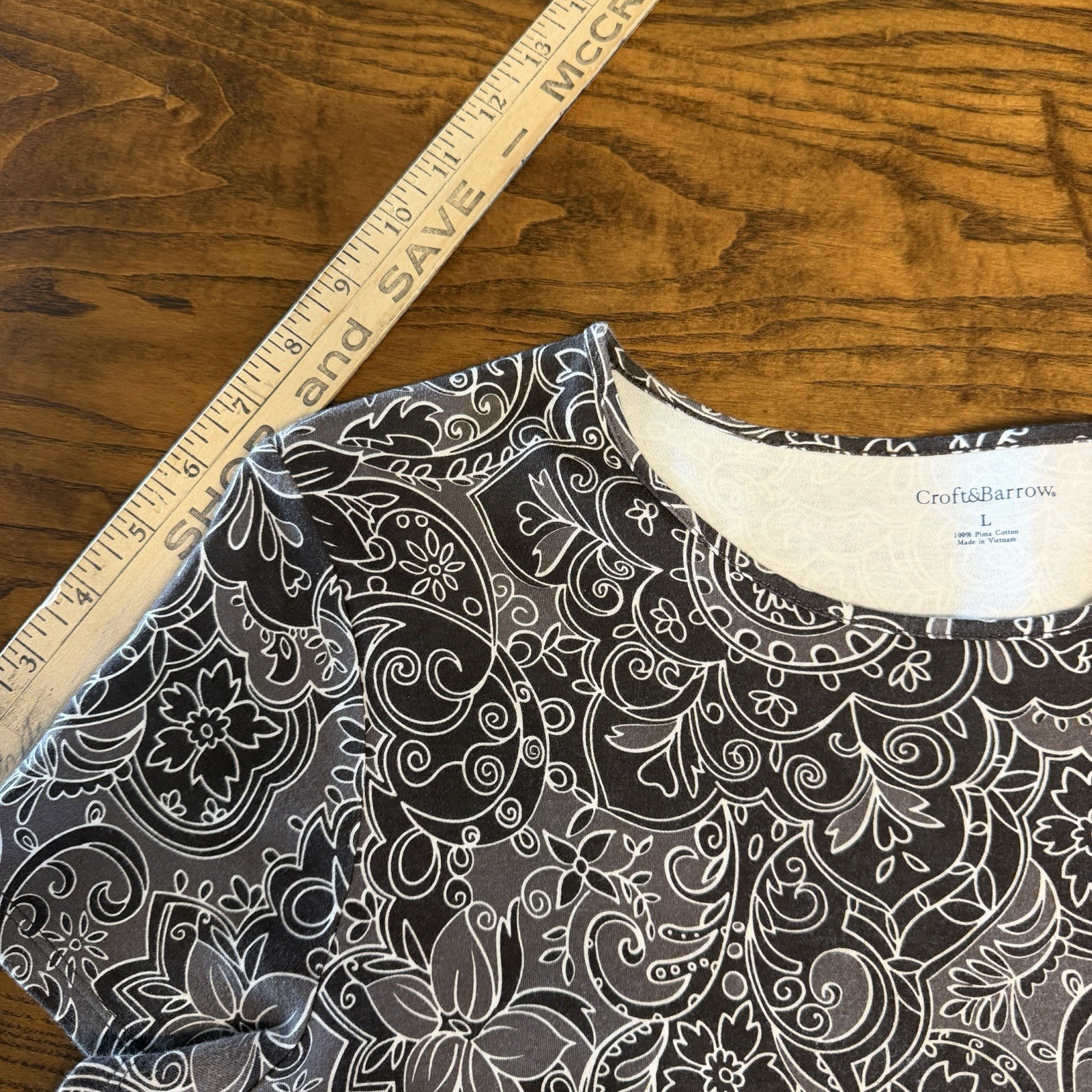 Croft&Barrow Women Brown Paisley Damask Print Short Sleeve 100% Cotton Shirt L