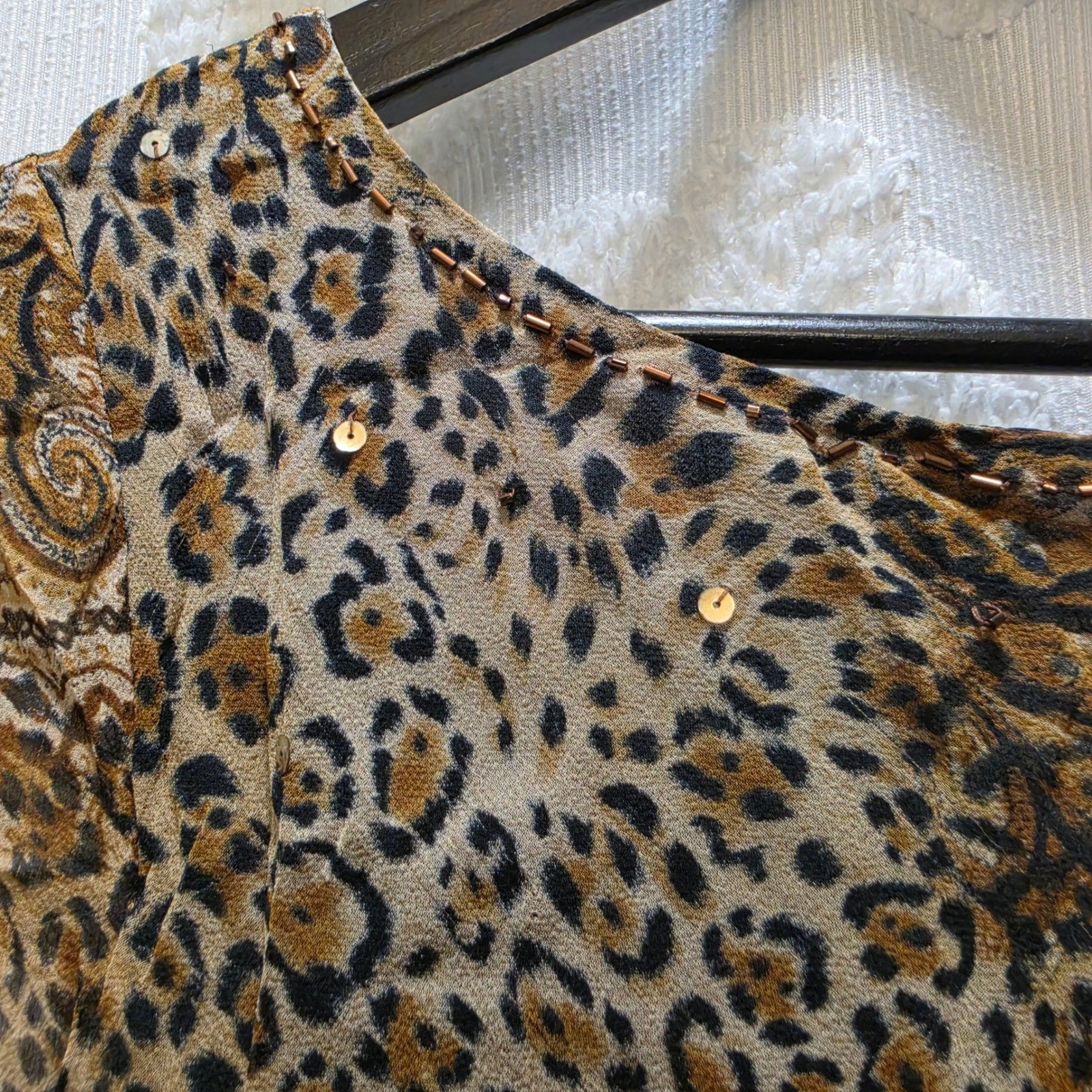 Vintage Robbie Bee 100% Silk Leopard Paisley Sequin Beaded Blouse Brown Black 12