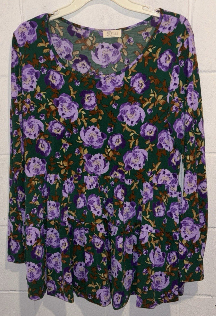 Be Stage Womens L Green Purple Boho Floral Print Long Sleeve Babydoll Tunic Top