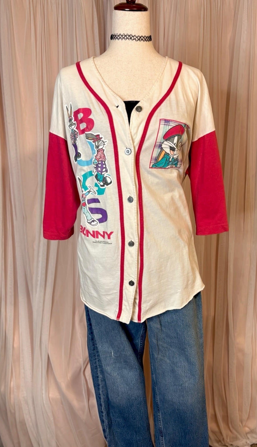Sun Sportswear Vintage Bugs Bunny Graphic Print Baseball Button Front Top XL