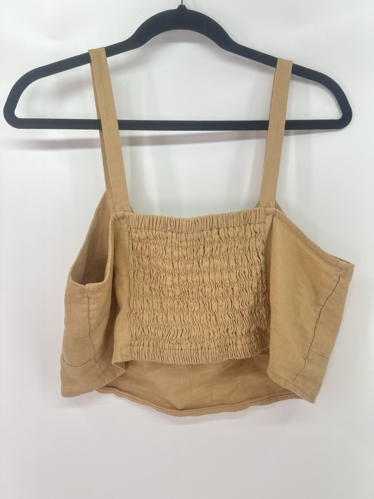 Universal Thread Tan Smocked Front Tie Linen Crop Top L Large