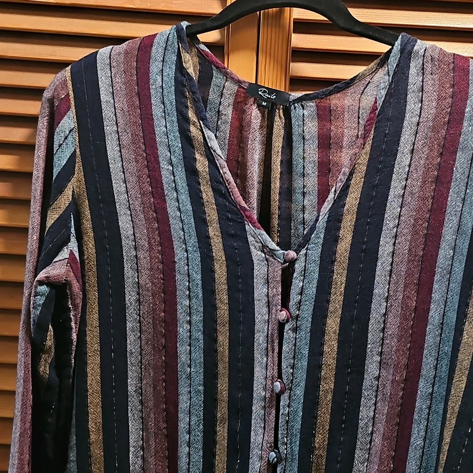 Multicolor Striped V-Neck Button Front Long Sleeve Rayon/Linen Blouse M
