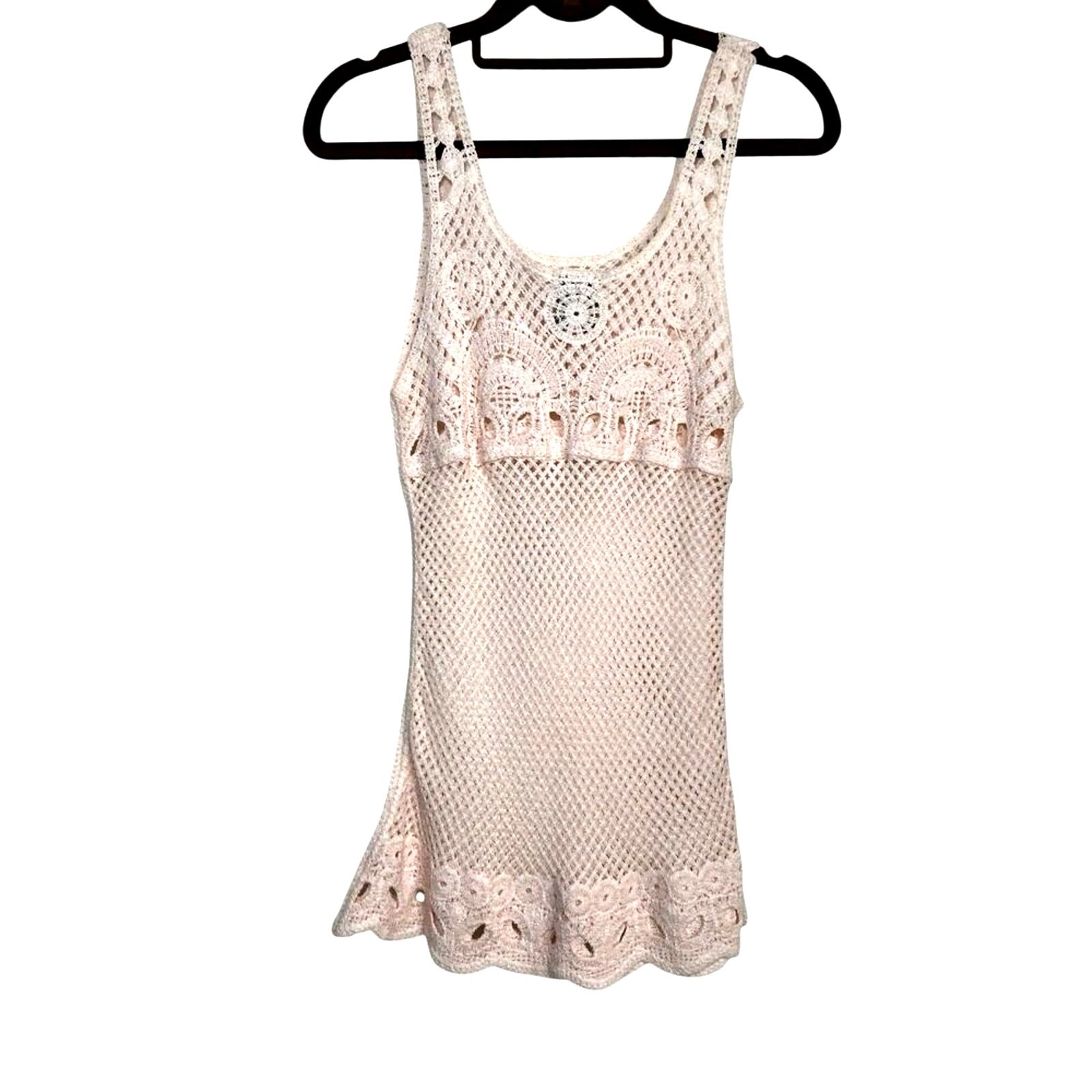 Color Siete Top Womens Size Small Pale Pink Tank Crochet Open Knit Scoop Neck