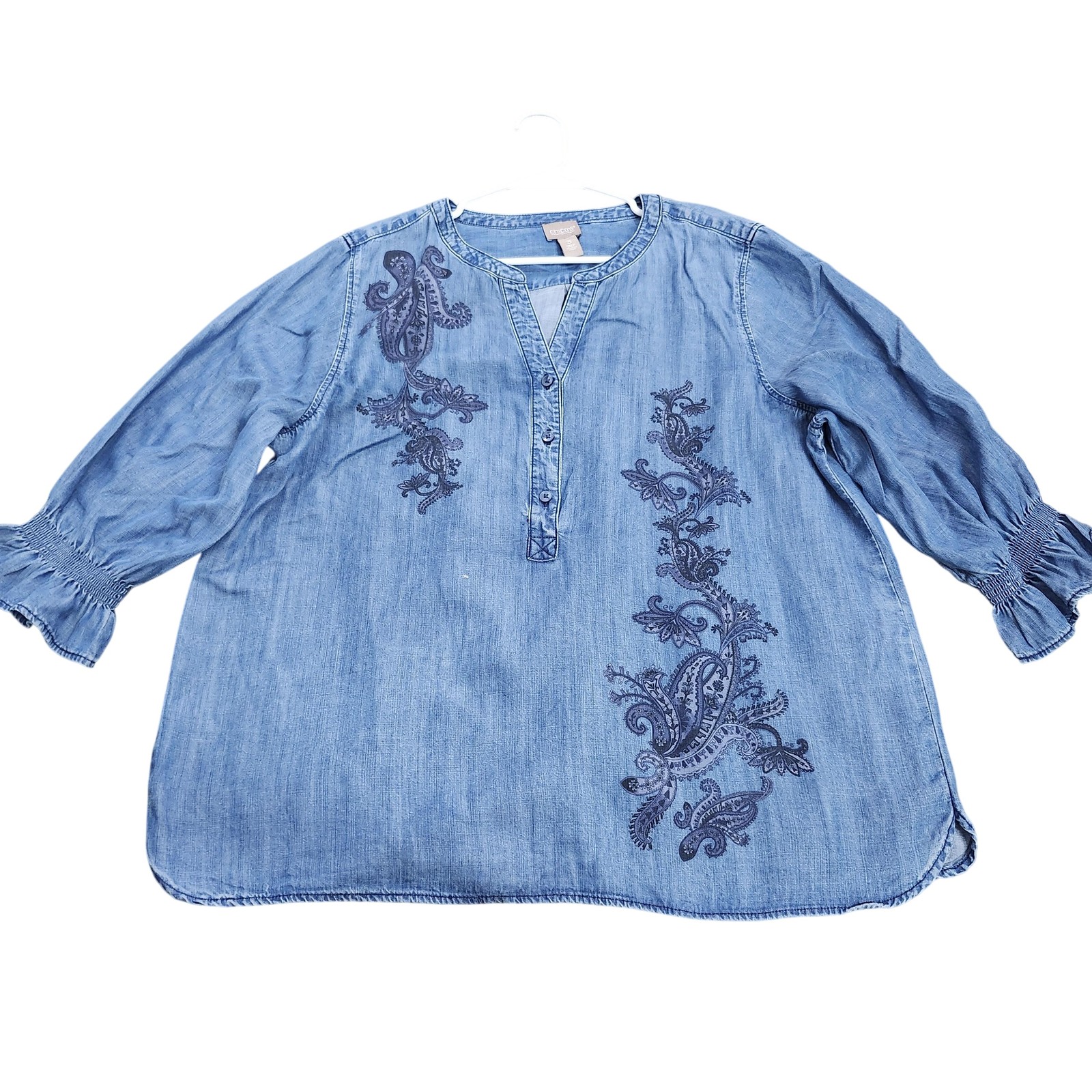 Chico’s Blouse Womens 3 Blue Paisley Embroidered Chambray Henley Tunic Top