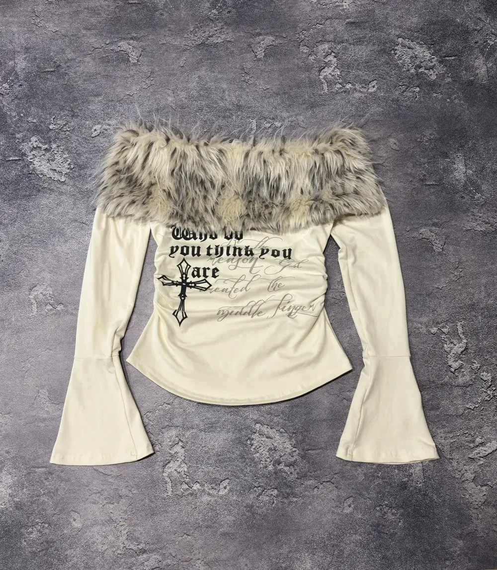 Crazy Hysteric Glamour Vibe Y2K Gothic Flare Sleeve Fur Top