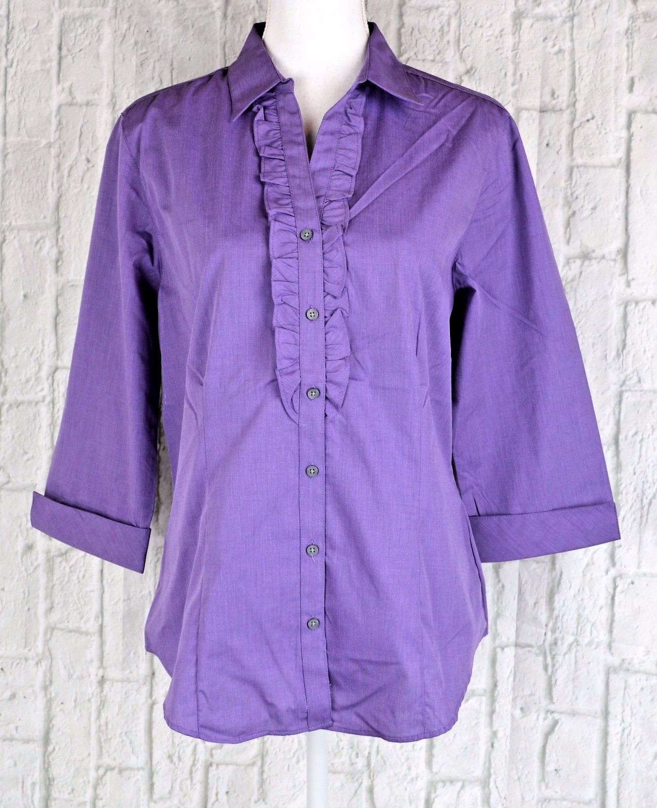Port Authority Women Crosshatch Ruffle Easy Care Shirt Work Blouse Medium Purple