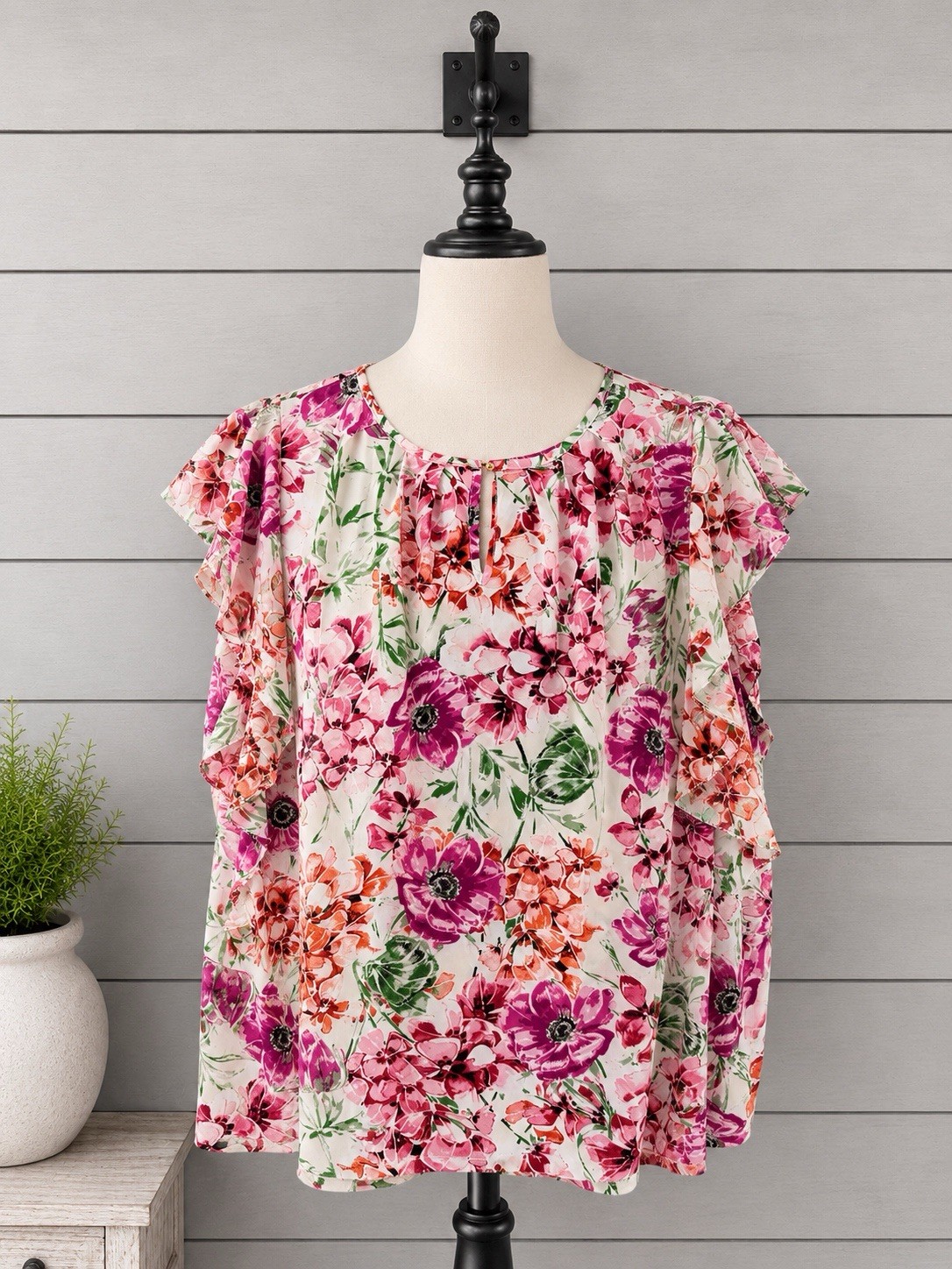 New Roz & Ali Dressbarn Floral Office Top Blouse Size 2X Flutter Sleeves Stretch