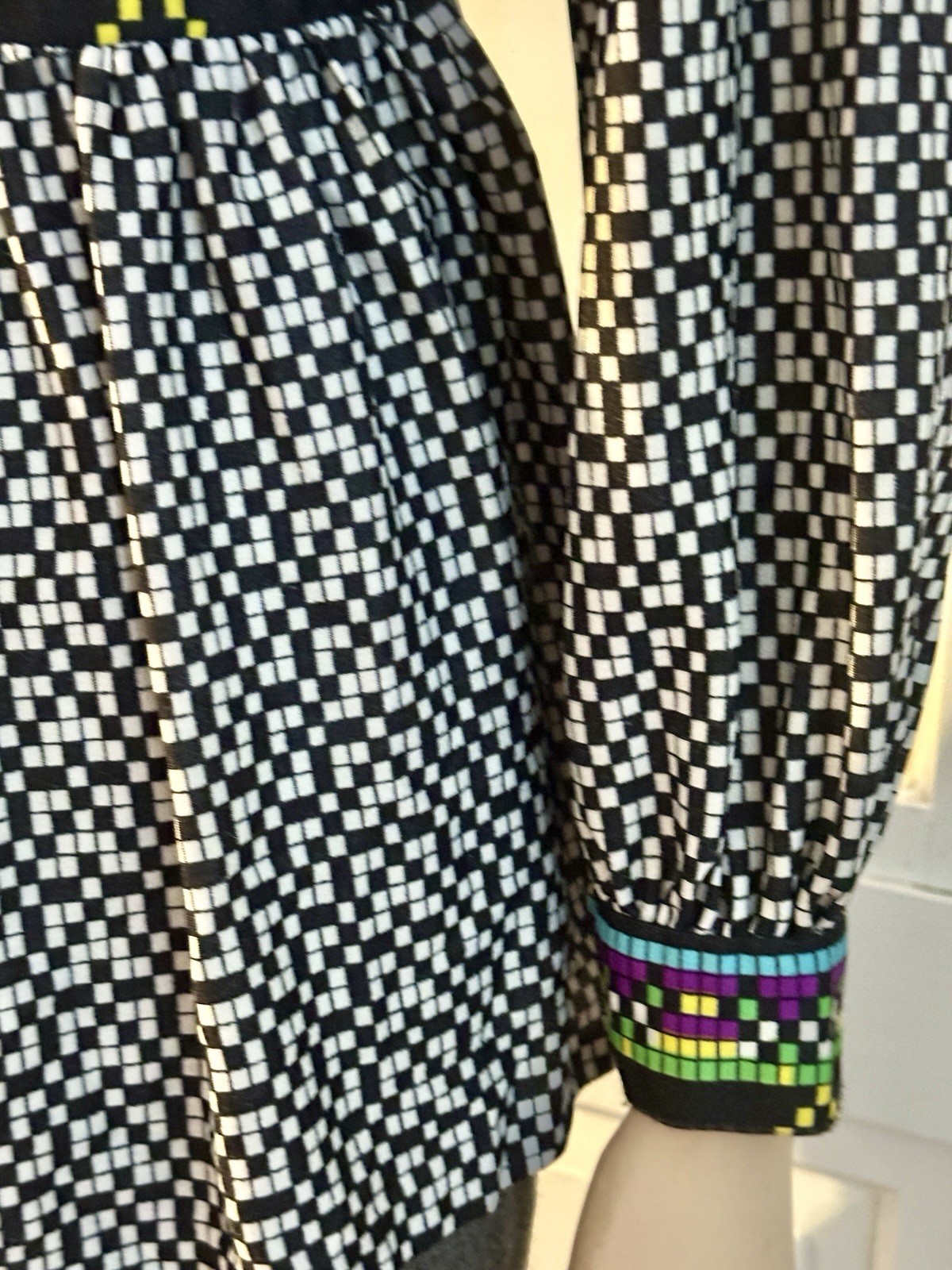 Vintage I.Magnin Graphic Blouse Empire Waist Pixelated B&W Checkerboard Morphew